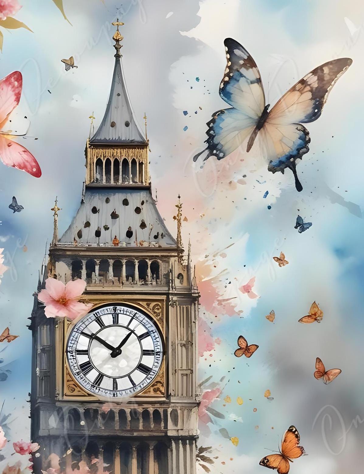 Fairytale Big Ben - Large Decoupage Paper - 6 Size Options - Pink Roses