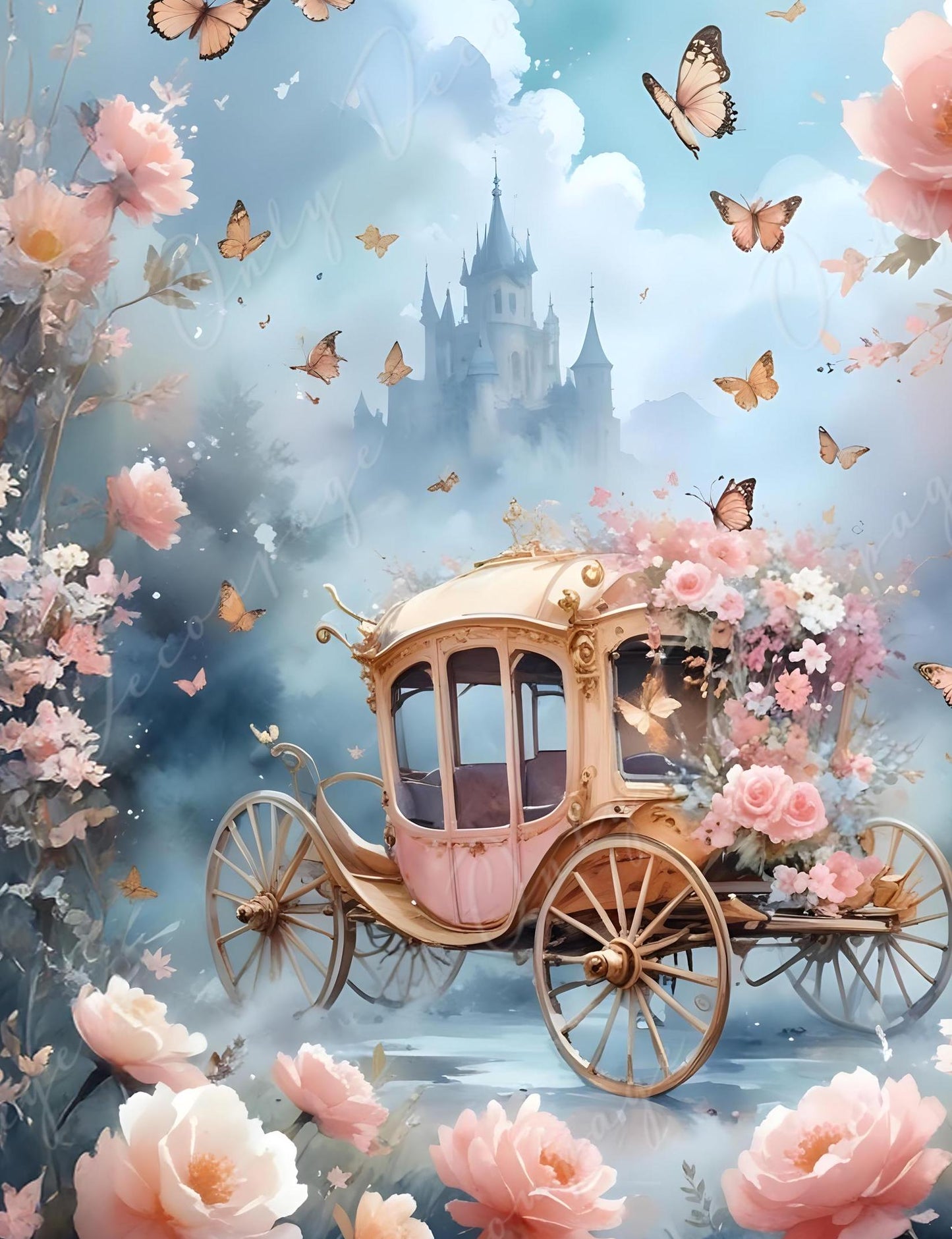 Fairytale Coach - Large Decoupage Paper - 6 Size Options - Pink Roses - Shabby Chic