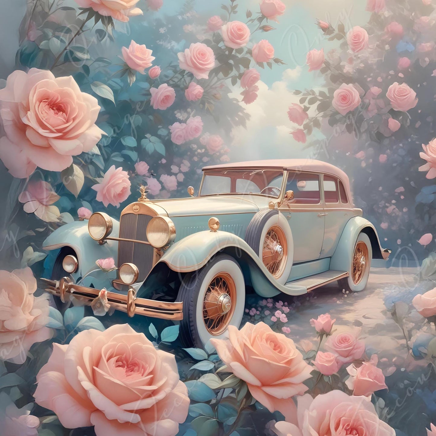 Fairytale Vintage Car - Large Decoupage Paper - 6 Size Options - Pink Roses - Shabby Chic