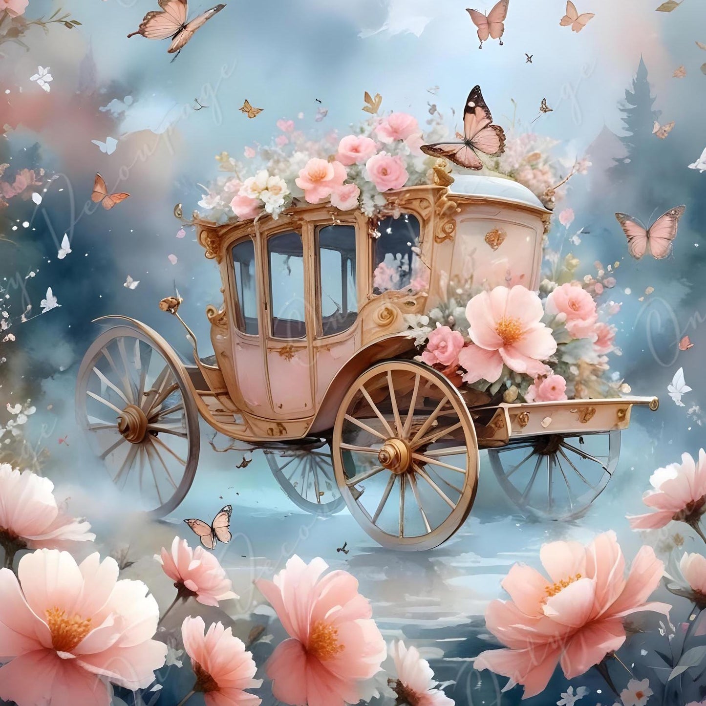 Fairytale Coach - Large Decoupage Paper - 6 Size Options - Pink Flowers - Shabby Chic