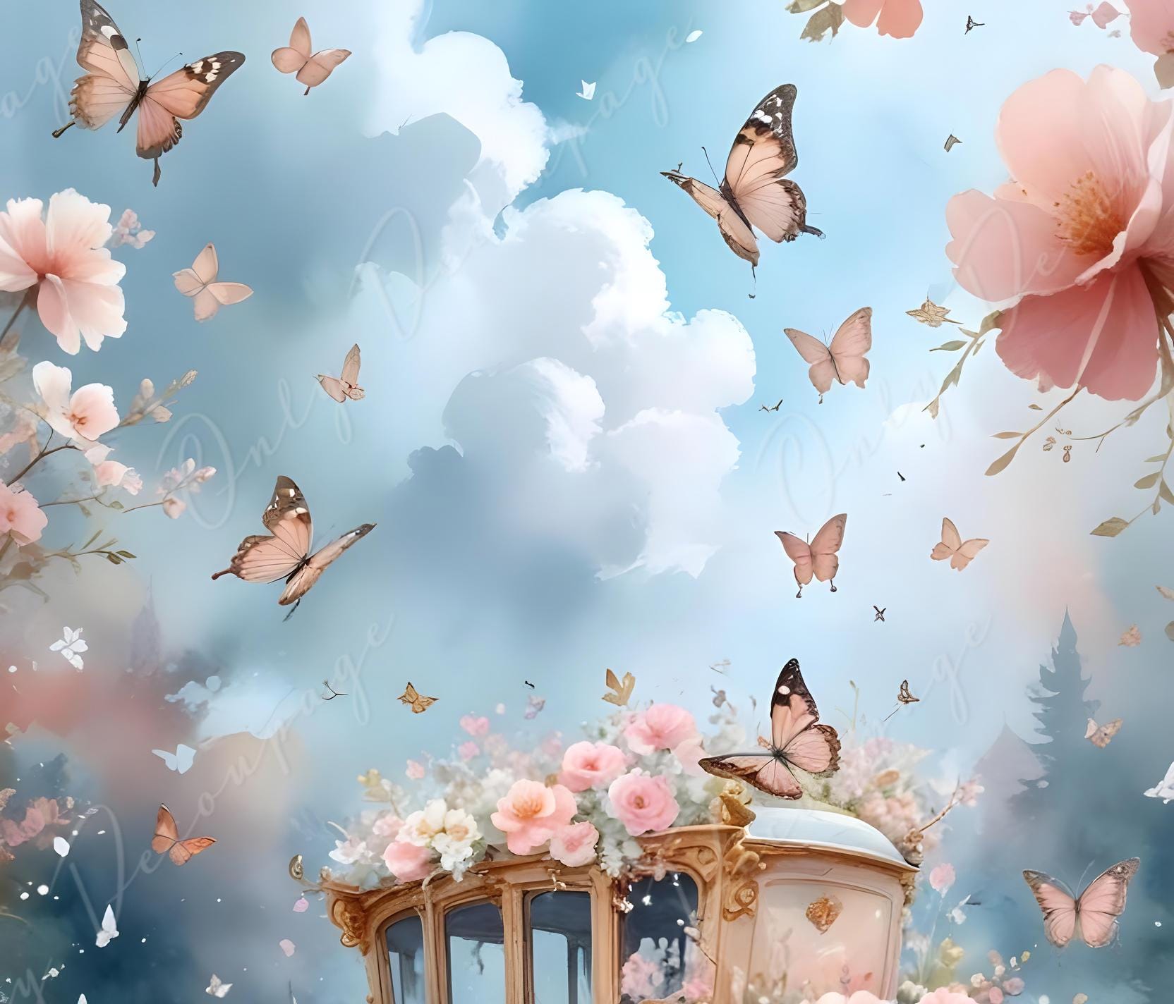 Fairytale Coach - Large Decoupage Paper - 6 Size Options - Pink Flowers - Shabby Chic