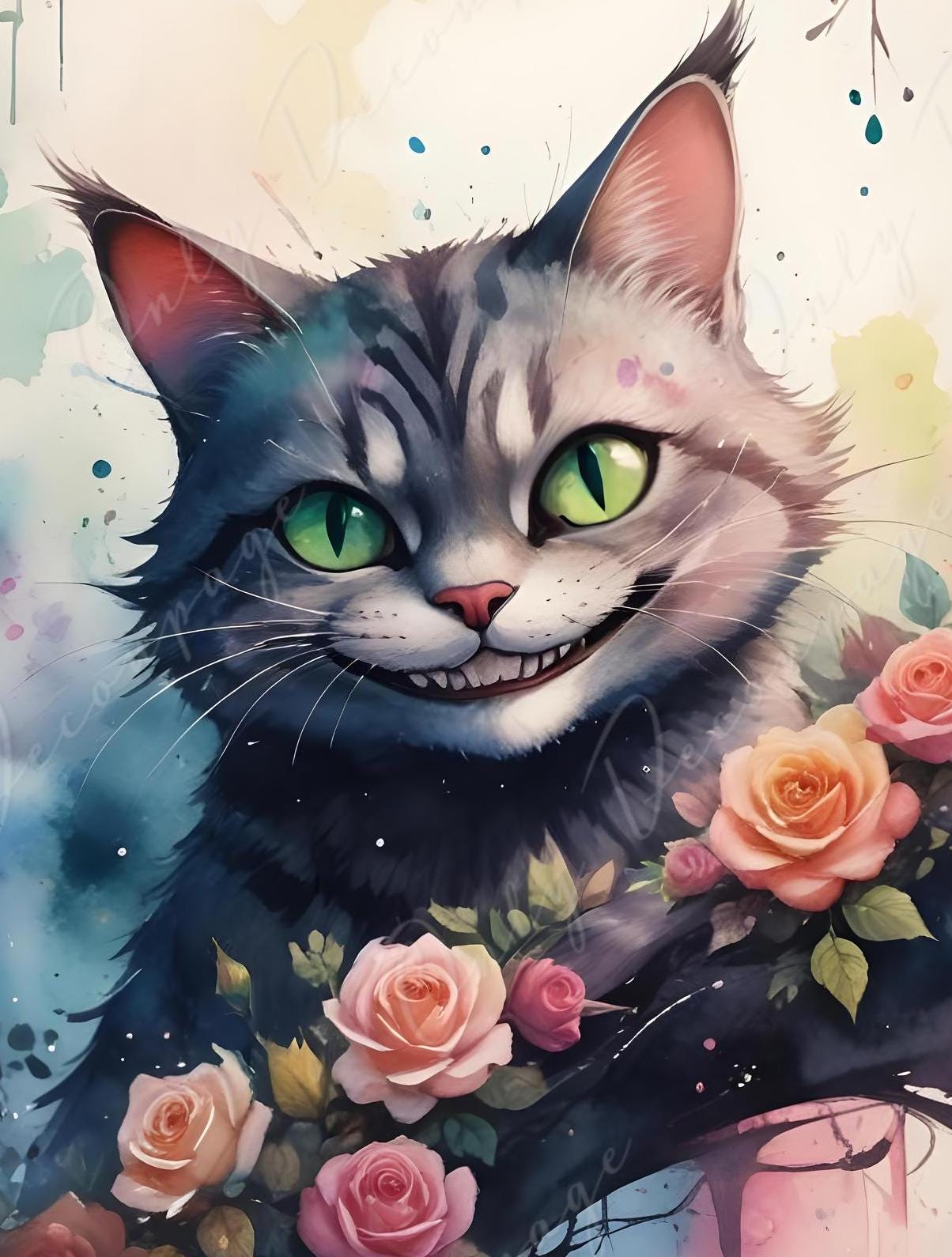 Fairytale Alice Cat - Large Decoupage Paper - 6 Size Options - Colorful Roses