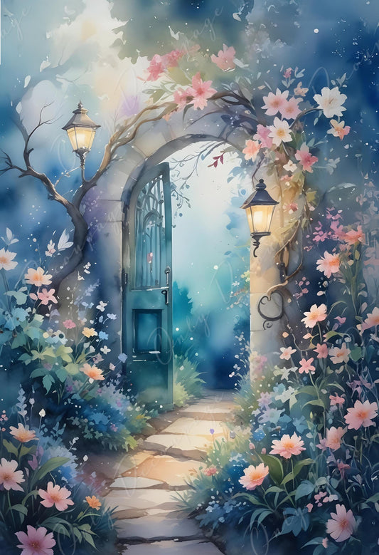 Fairytale Garden Gate - 6 Size Options - Large Decoupage Paper - Pastel Color Flowers