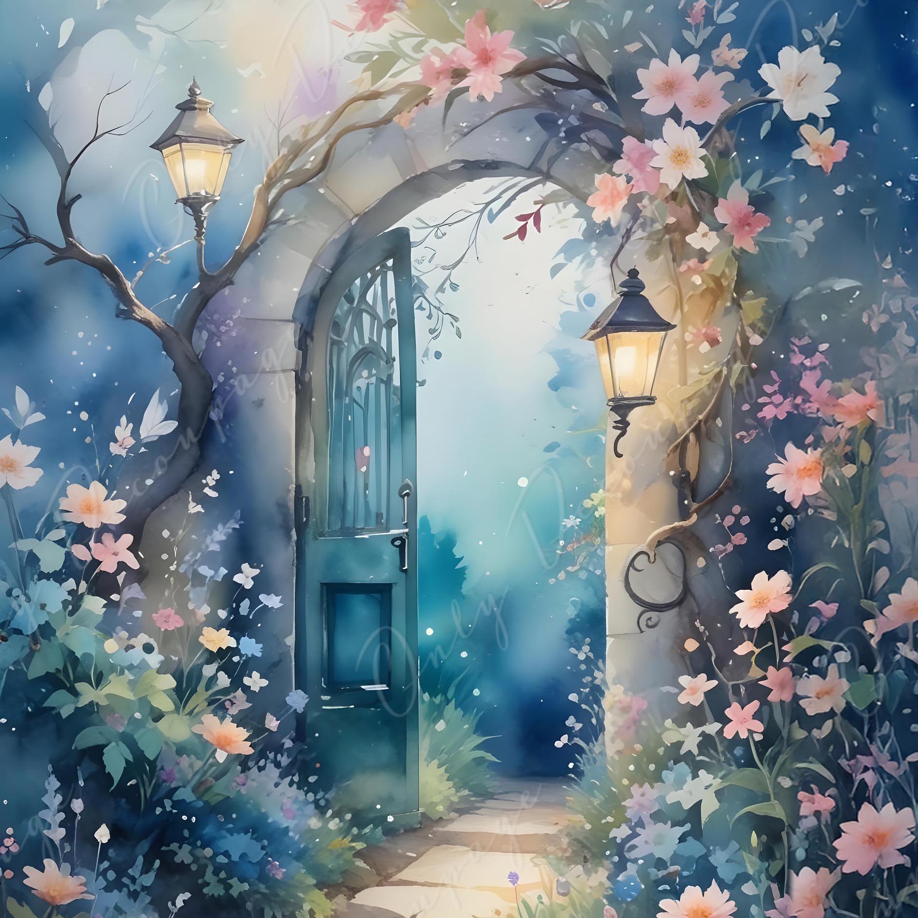 Fairytale Garden Gate - 6 Size Options - Large Decoupage Paper - Pastel Color Flowers