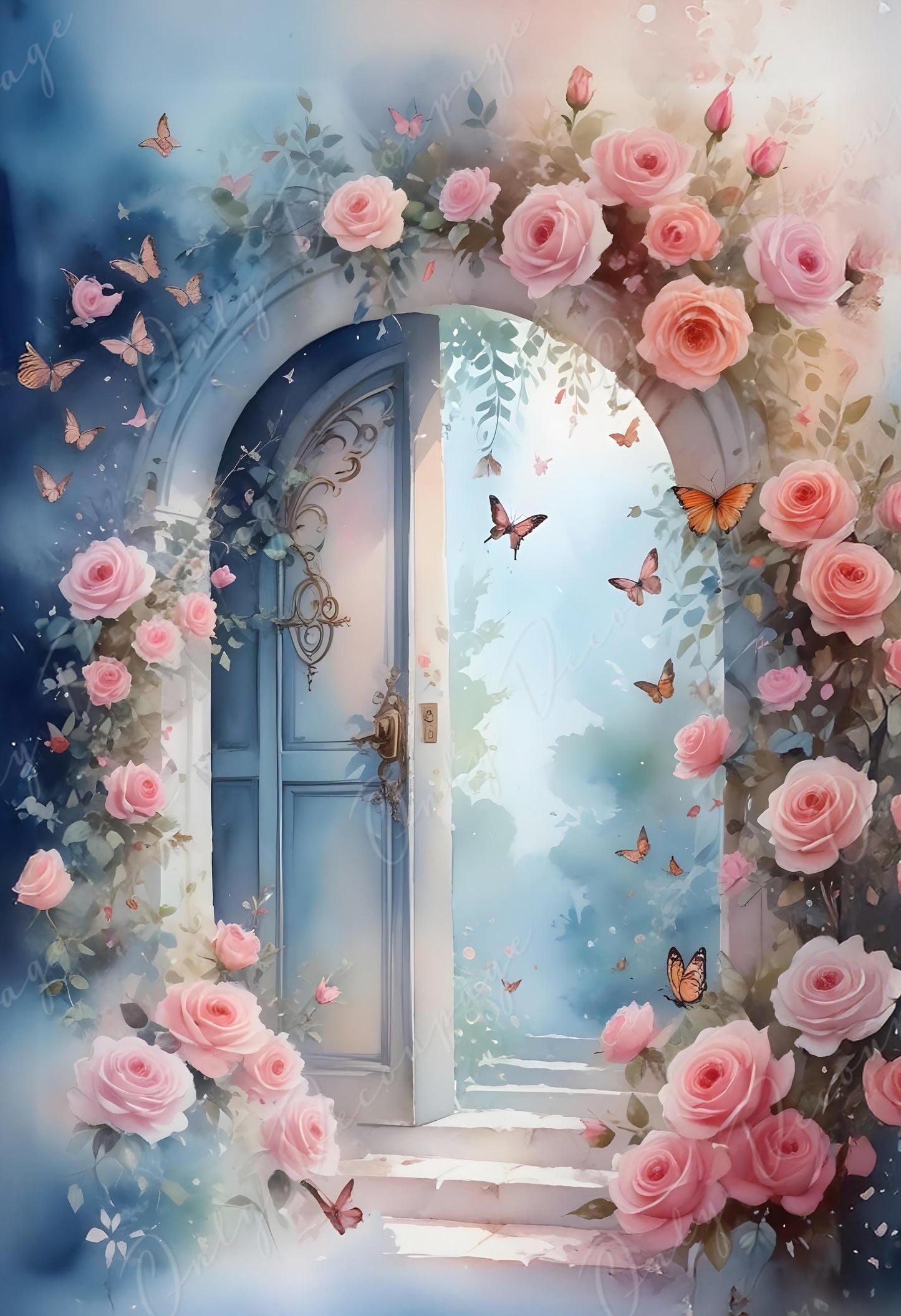 Fairytale Garden Gate - Large Decoupage Paper - 6 Size Options - Pink Flowers