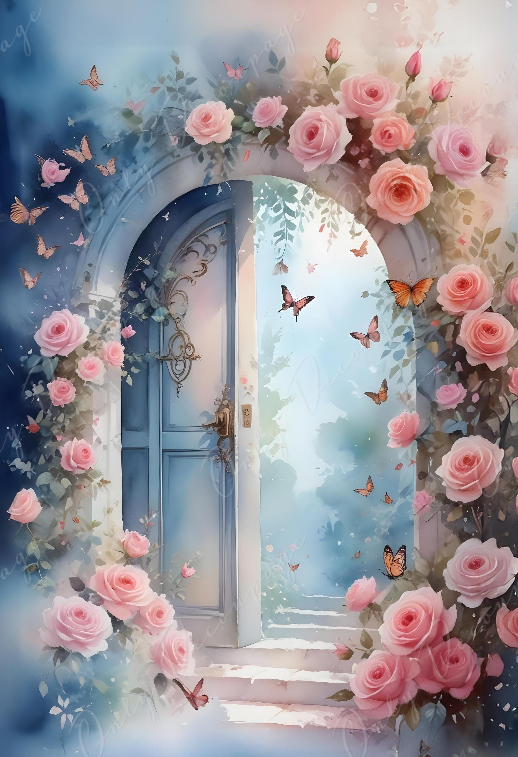 Fairytale Garden Gate - Large Decoupage Paper - 6 Size Options - Pink Flowers