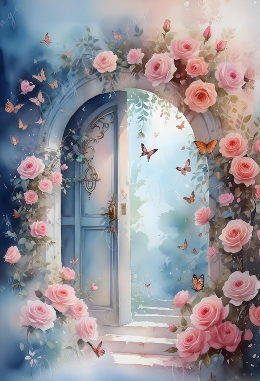 Fairytale Garden Gate - Large Decoupage Paper - 6 Size Options - Pink Flowers