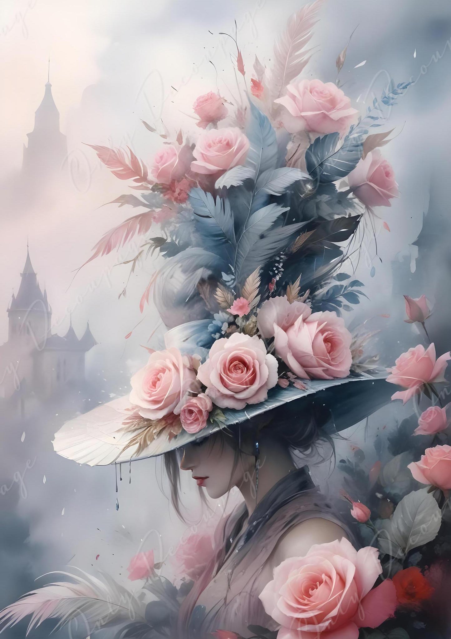 Fairytale Floral Hat - Large Decoupage Paper - 6 Size Options - Pink Flowers