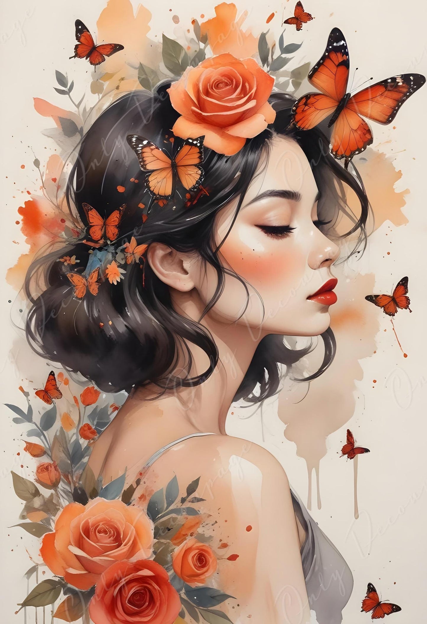 Floral Woman Portrait - Large Decoupage Paper - 6 Size Options - Orange Flowers