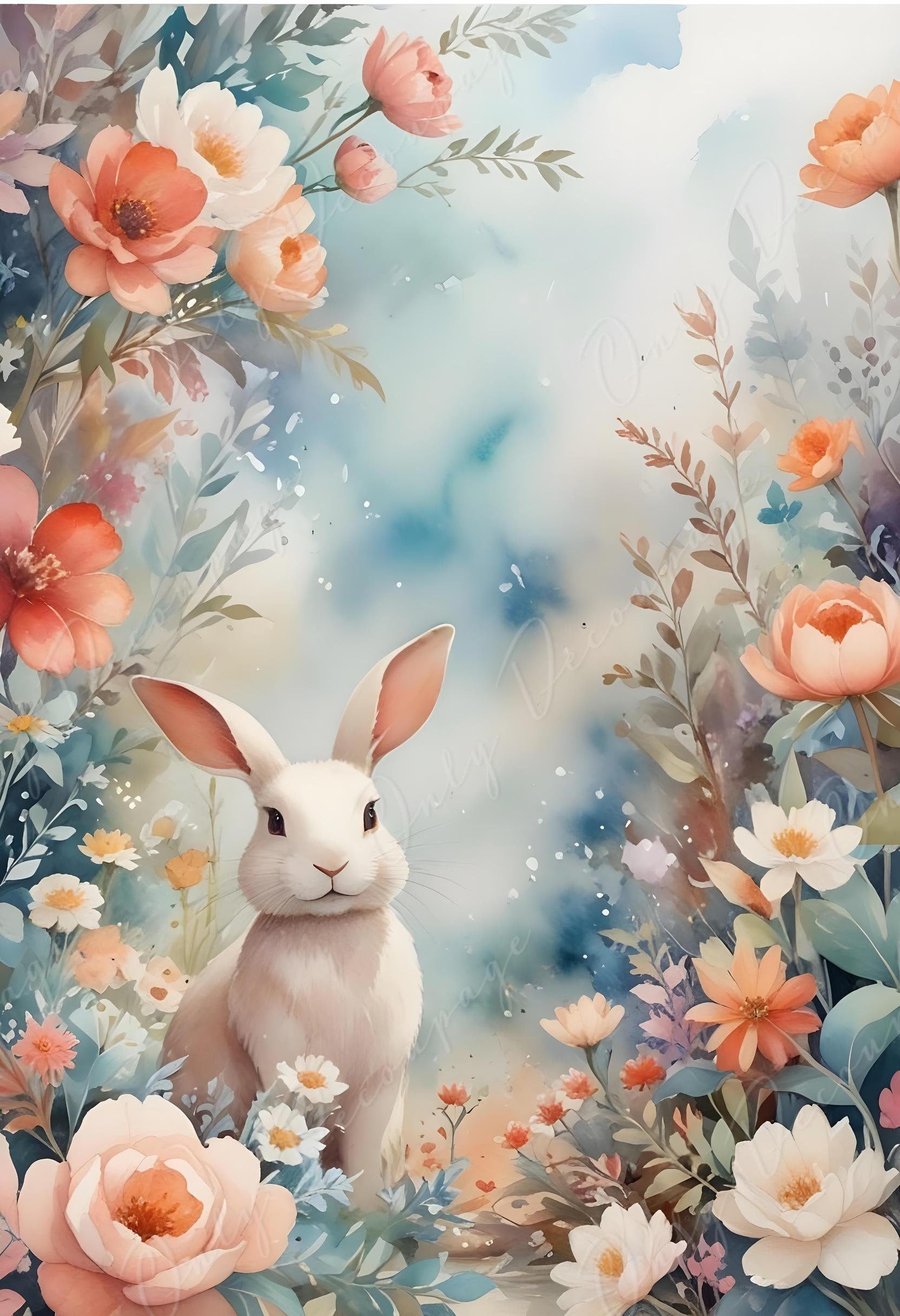 Fairytale - Large Decoupage Paper - 6 Size Options - Rabbit with Pastel Flowers