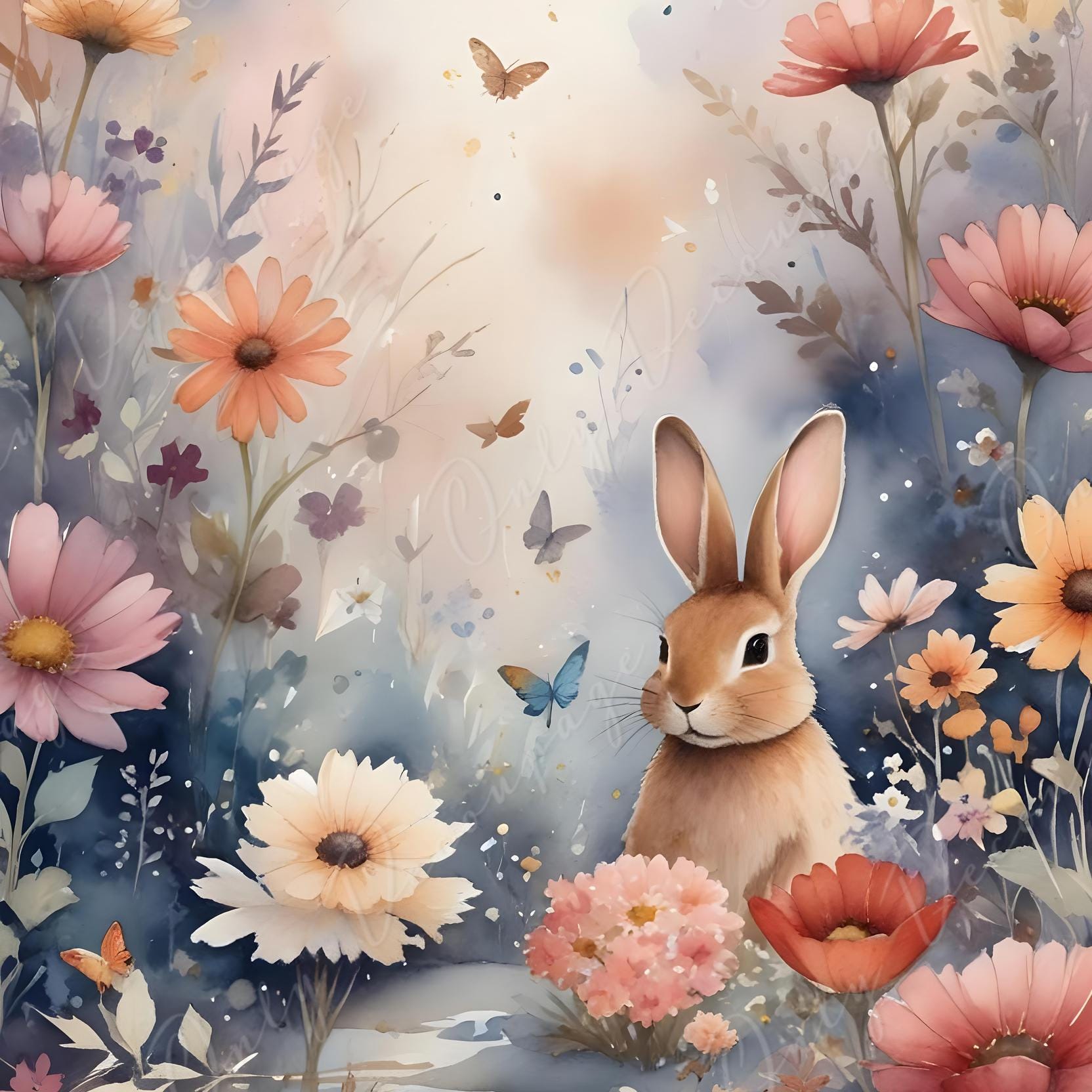 Fairytale - Large Decoupage Paper - 6 Size Options - Rabbit with Colorful Flowers