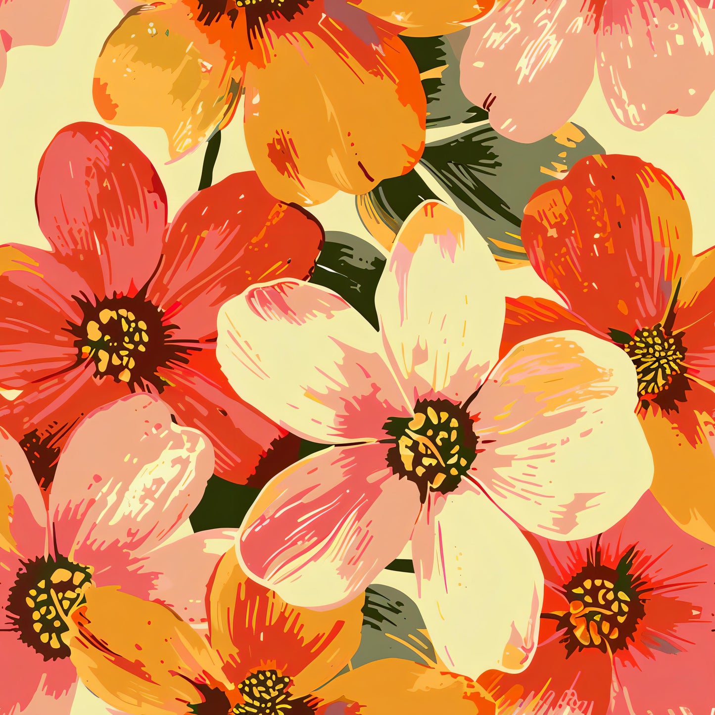 Floral Decoupage Paper - Repeating Pattern - 6 Size Options - Red Orange Green