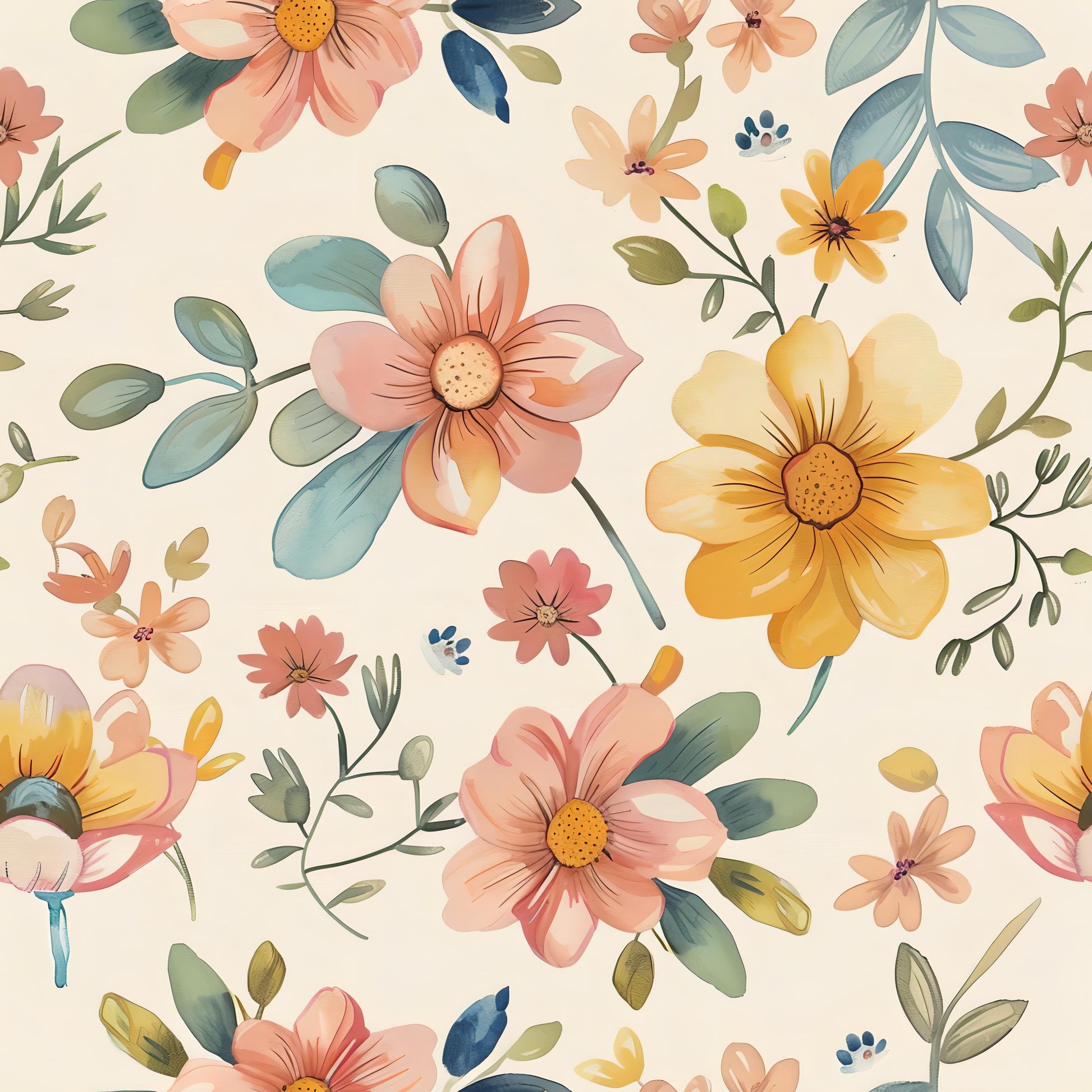 Floral Decoupage Paper - Repeating Pattern - 6 Size Options - Watercolor Yellow White