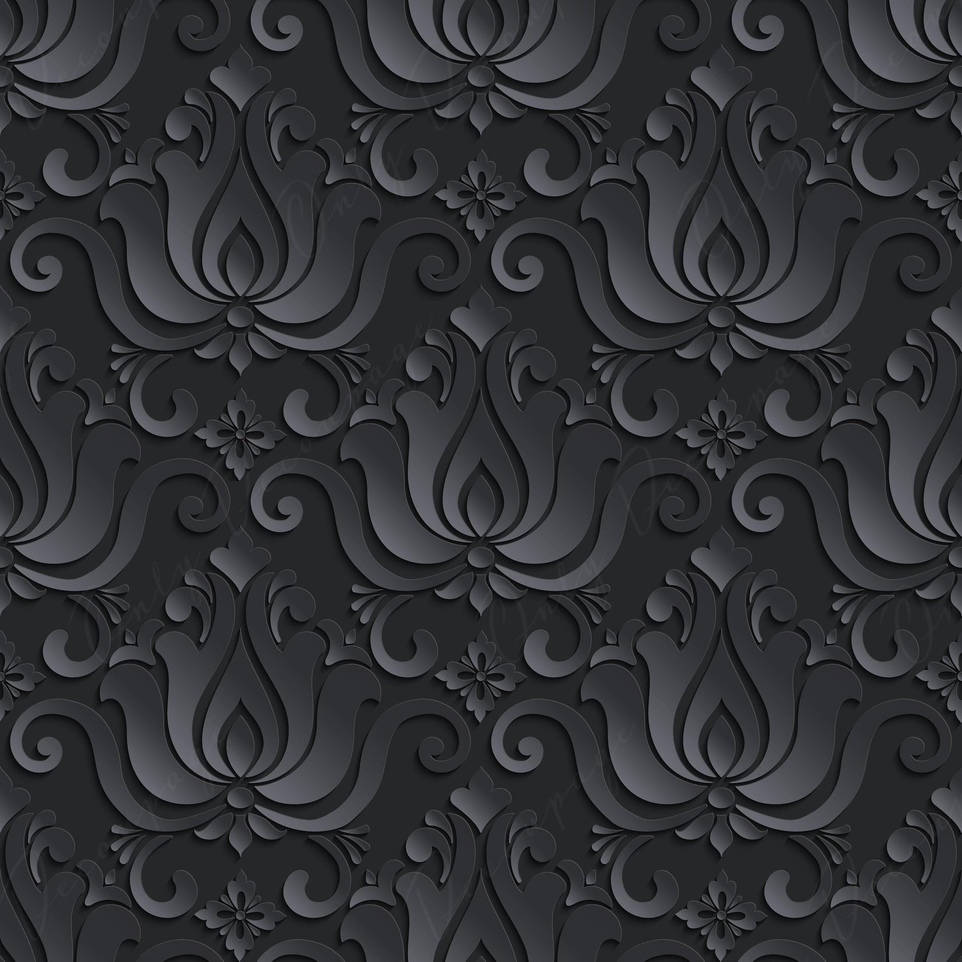 Dark Decoupage Paper - Repeating Damask Pattern - Black Shade