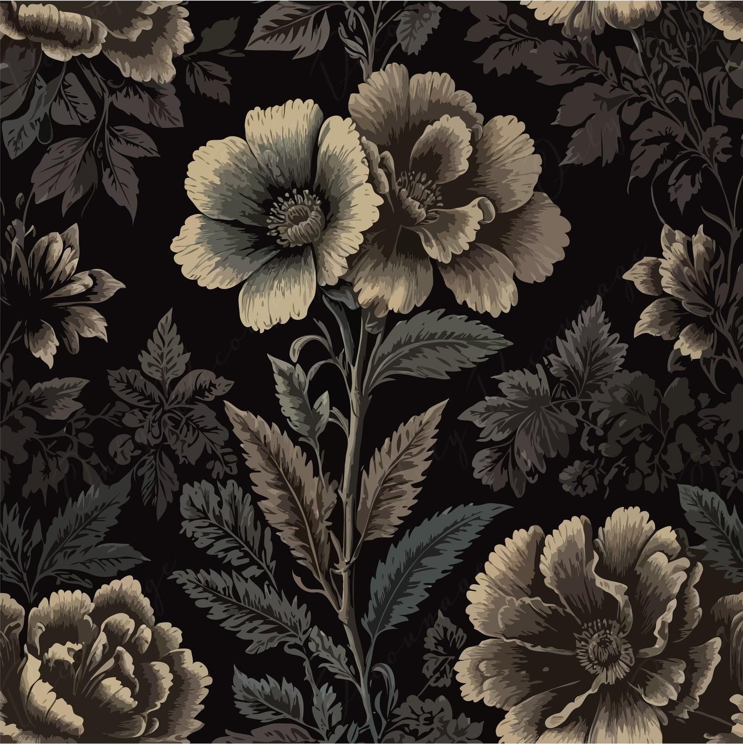 Dark Floral Decoupage Paper - Repeating Damask Pattern - Black Shade