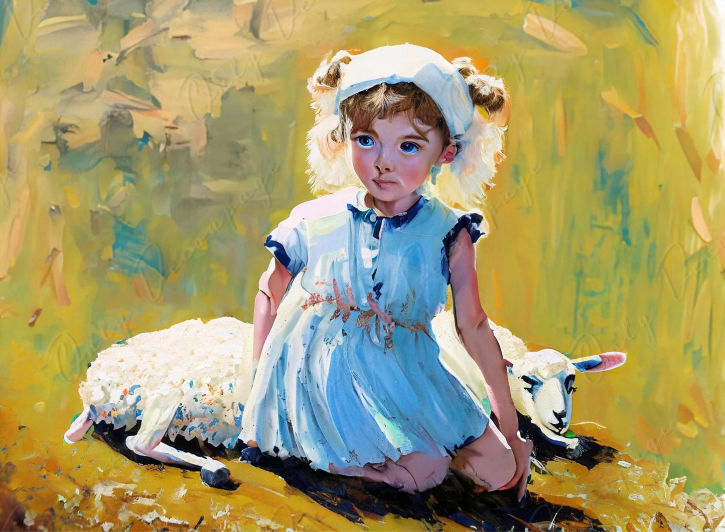 Large Decoupage Paper for Furniture - 6 Size Options - White Sheep & Little Girl - Oil Painting