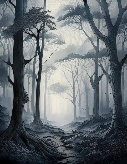 Misty Forest - Decoupage Paper - 3 Size Options - Black & White Trees