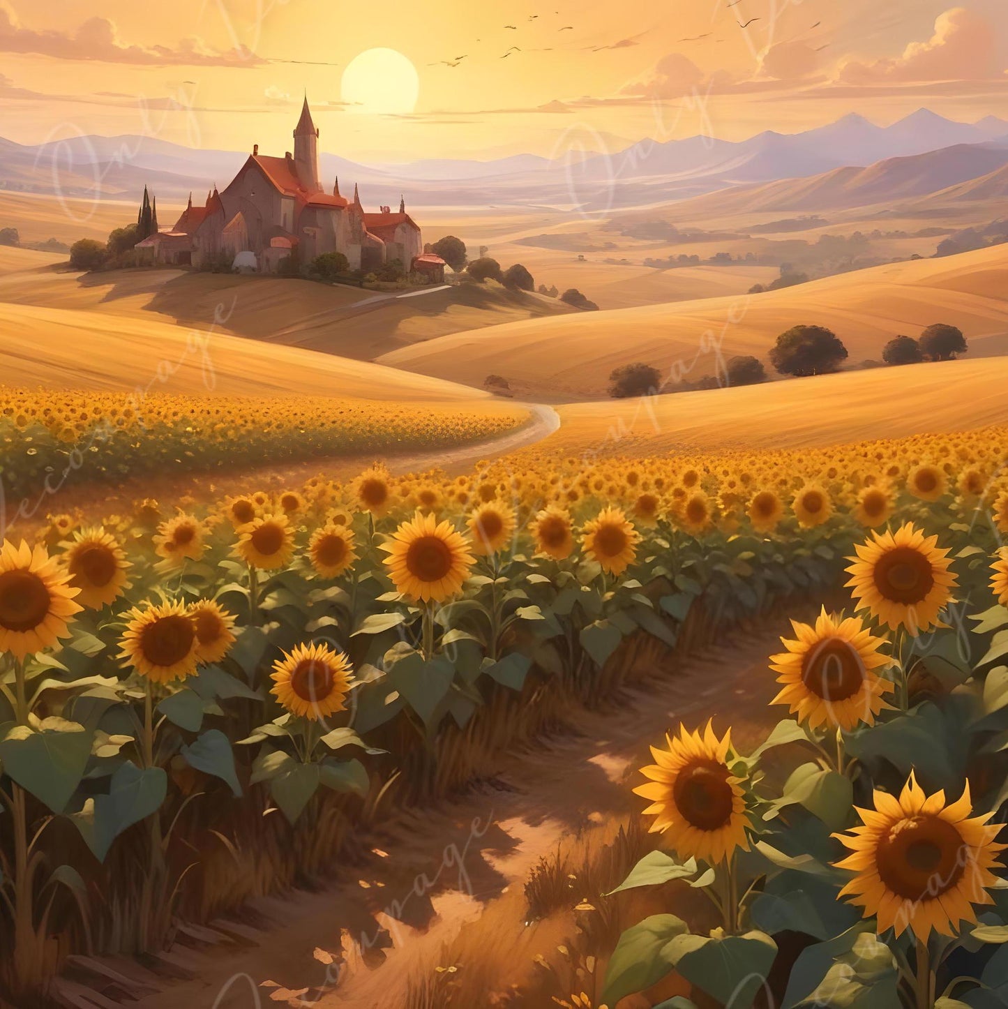 Sunflowers - 6 Size Options - Large Decoupage Paper for Furniture - Green Yellow Field - Rice Paper - Village - Sunset
