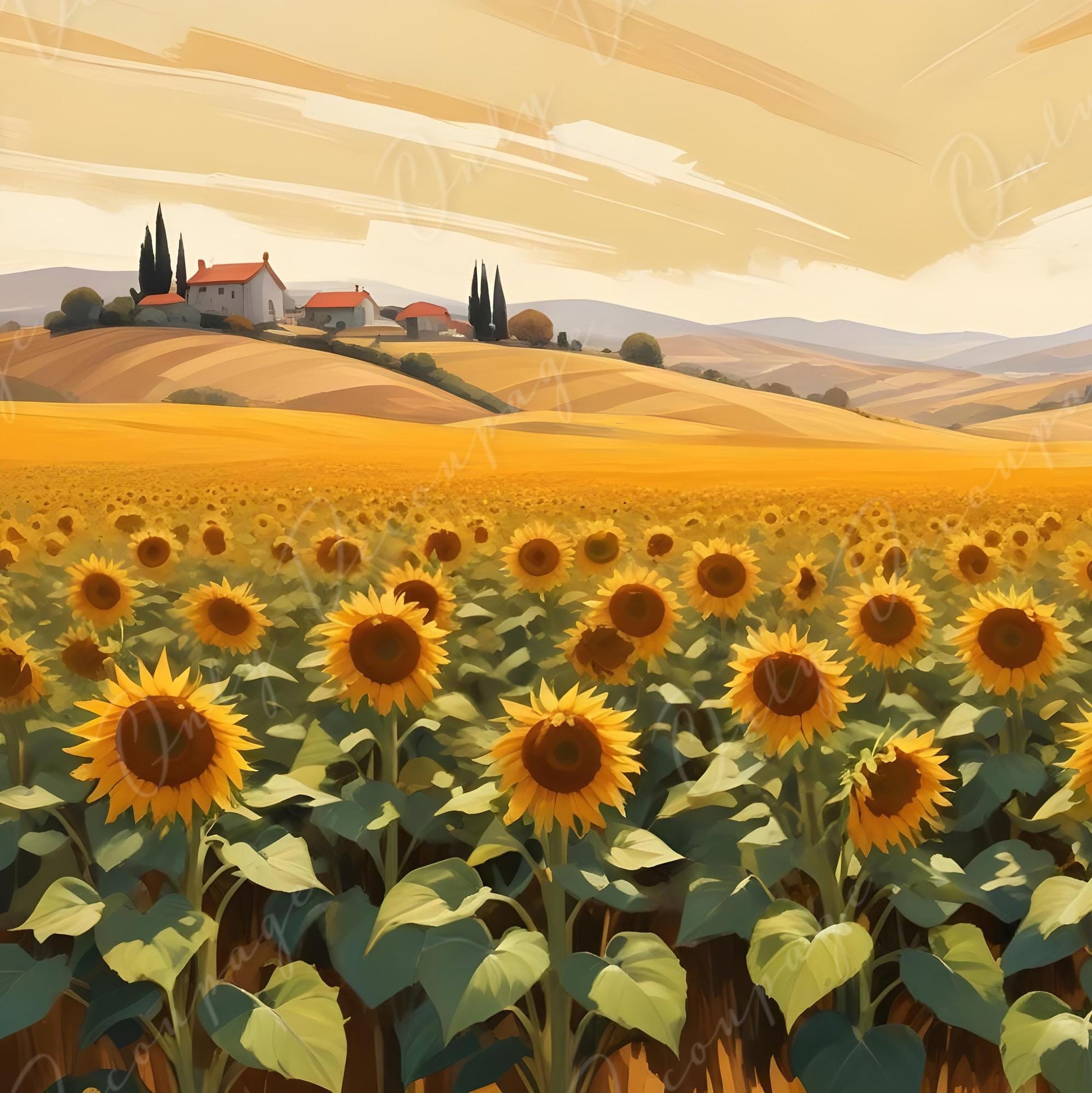 6 Size Decoupage Paper - Sunflower Field - Green Yellow - Rice Paper - Village - Sunset
