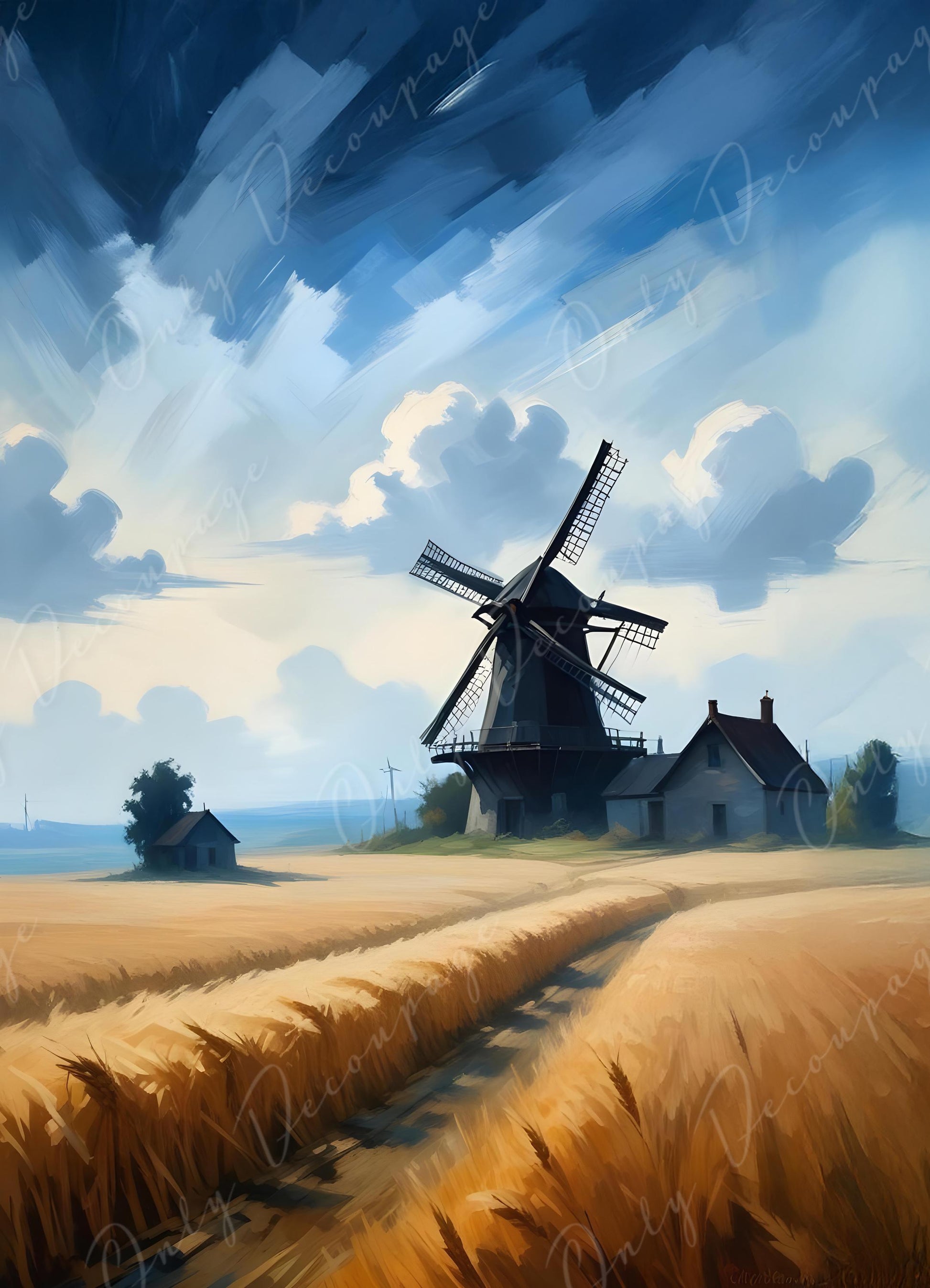 Large Decoupage Paper - 6 Size - Windmill with Golden Wheat Field - Rice Paper - Blue Sky