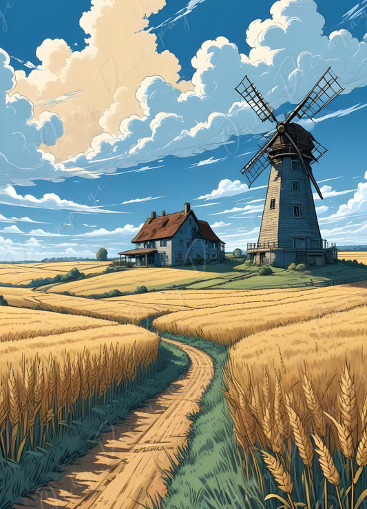 Large Decoupage Paper - 6 Size - Windmill with Golden Wheat Field - Rice Paper - Blue Sky