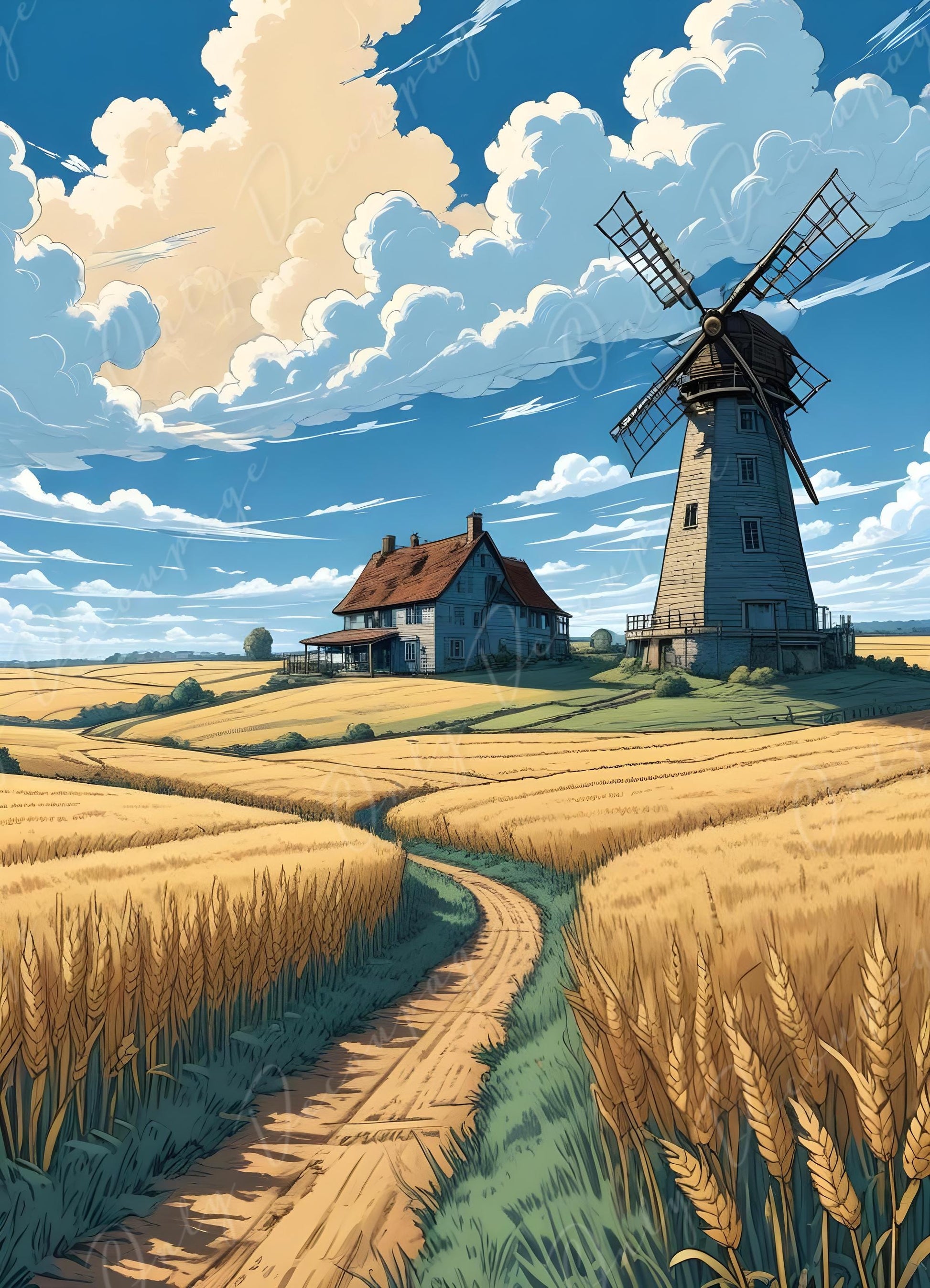 Large Decoupage Paper - 6 Size - Windmill with Golden Wheat Field - Rice Paper - Blue Sky