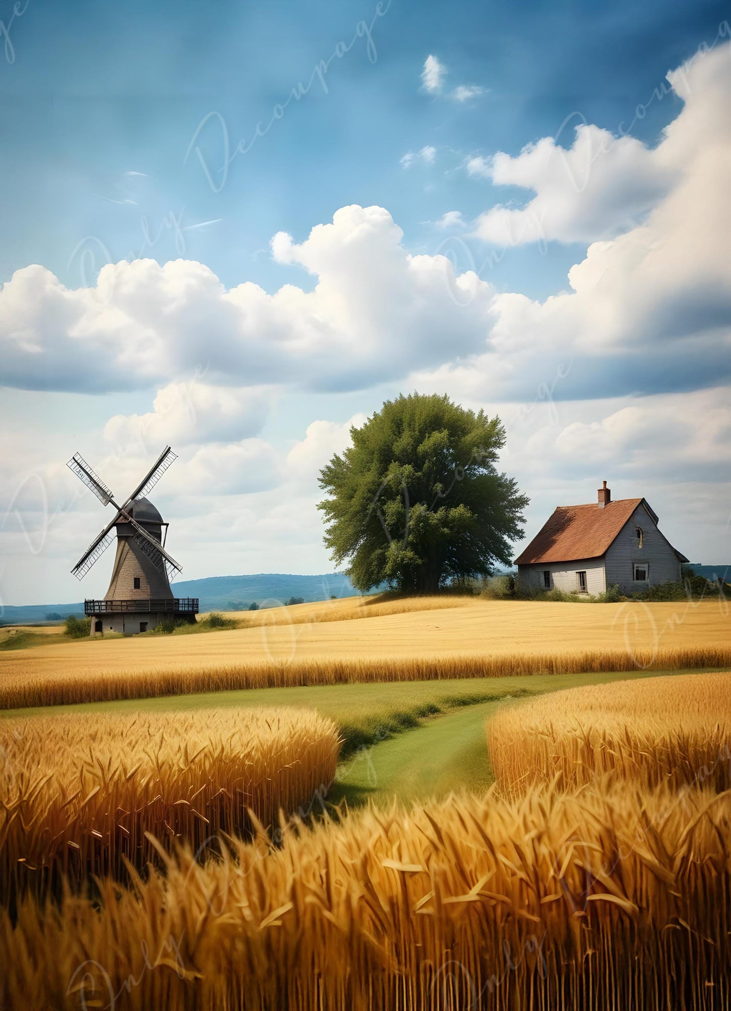 Large Decoupage Paper - 6 Size - Windmill with Golden Wheat Field - Rice Paper - Blue Sky