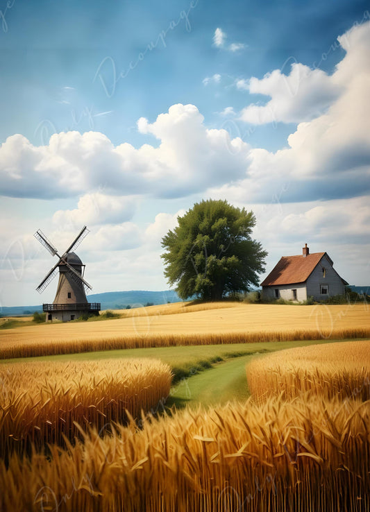 Large Decoupage Paper - 6 Size - Windmill with Golden Wheat Field - Rice Paper - Blue Sky