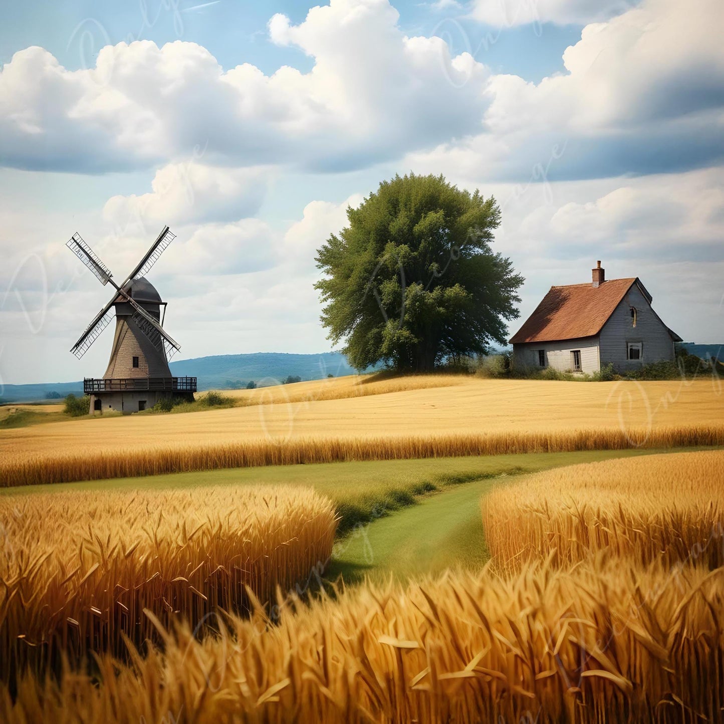 Large Decoupage Paper - 6 Size - Windmill with Golden Wheat Field - Rice Paper - Blue Sky