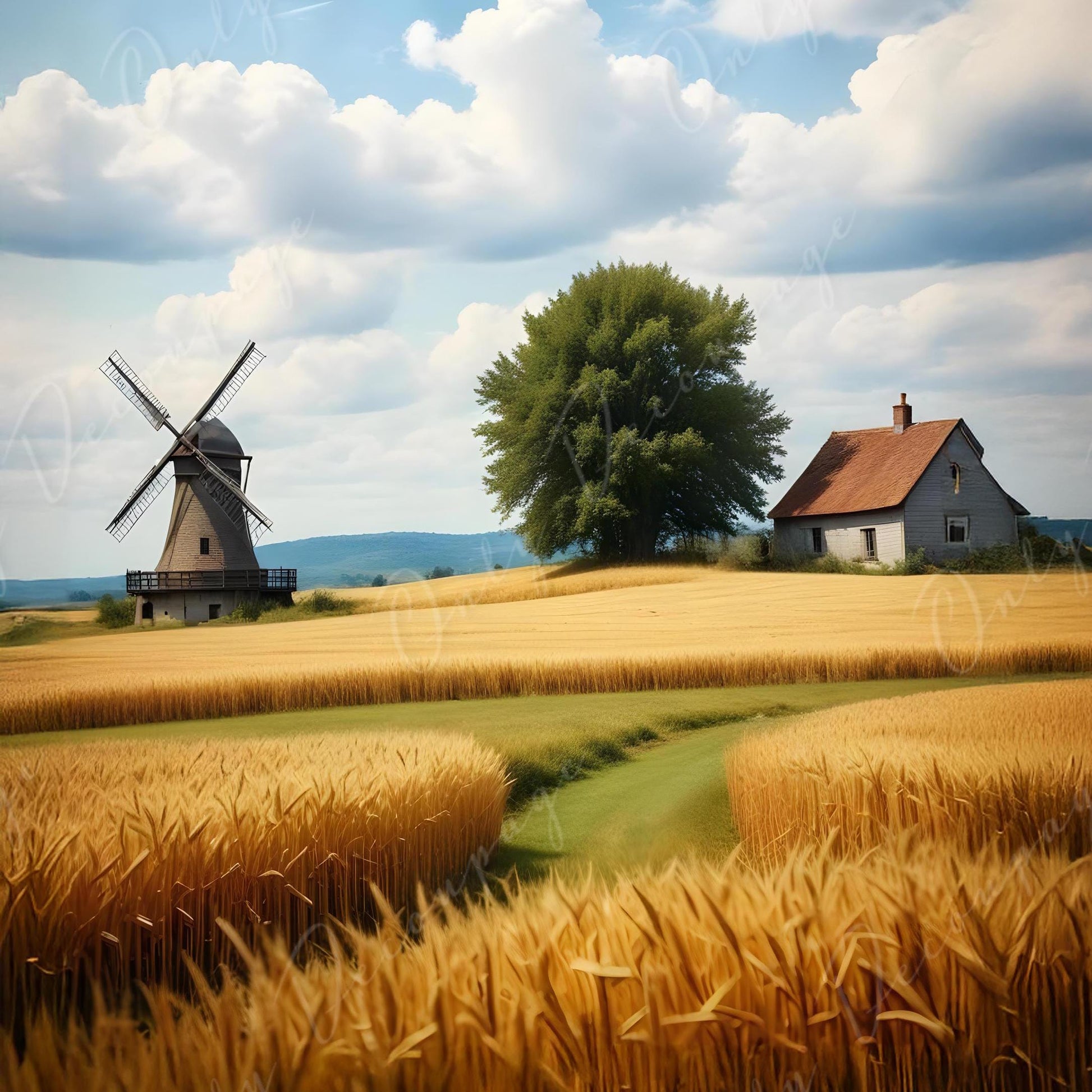 Large Decoupage Paper - 6 Size - Windmill with Golden Wheat Field - Rice Paper - Blue Sky