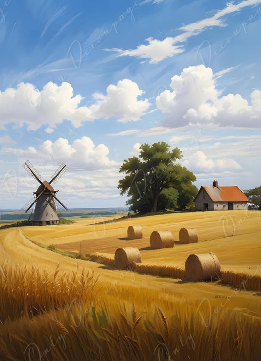 Decoupage Paper - 6 Size - Windmill with Golden Wheat Field - Rice Paper - Agriculture