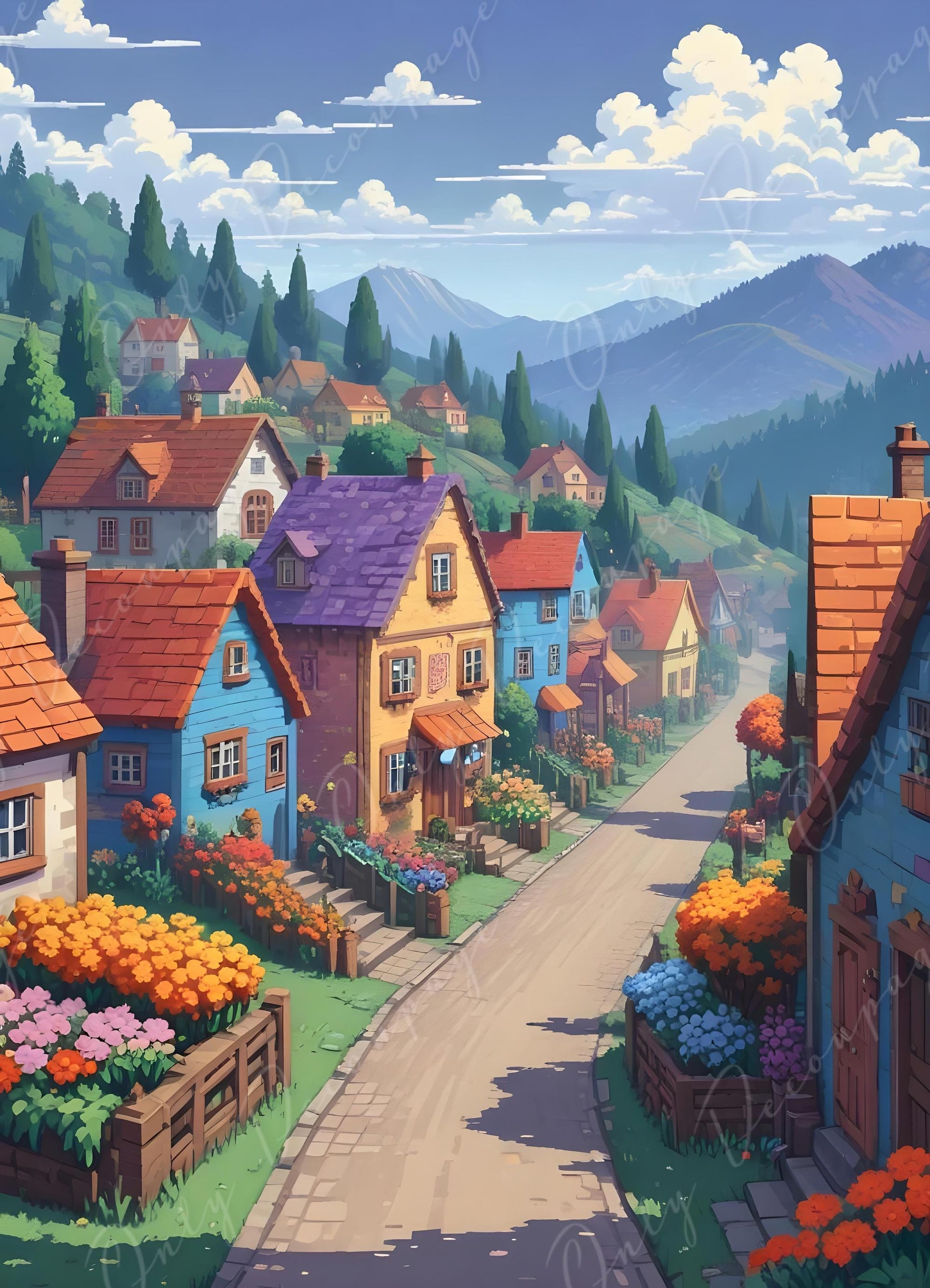 Decoupage Paper - 6 Size - European Village with Vibrant Flowers - Rice Paper - Pixel Art