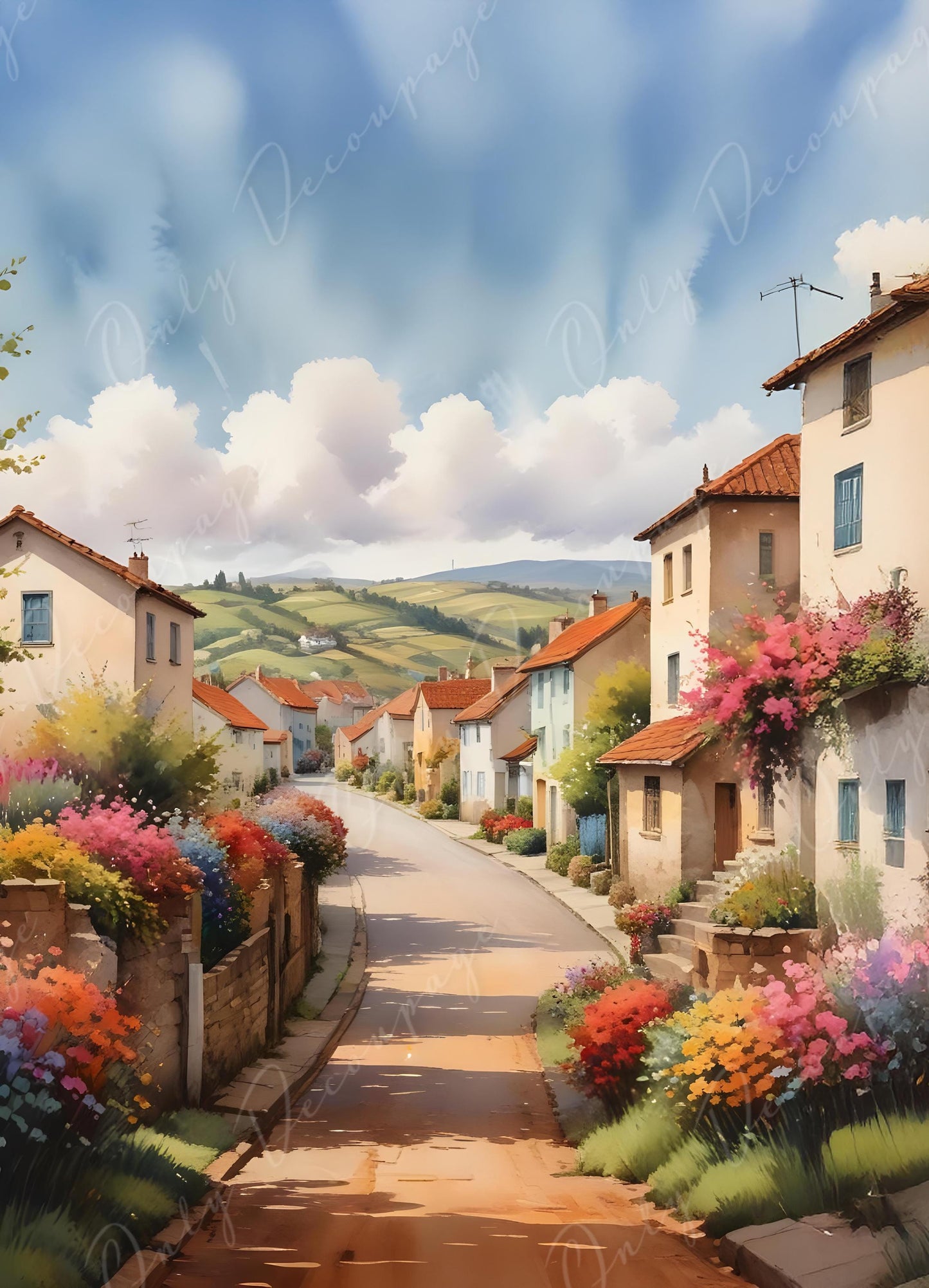 Decoupage Paper - 6 Size - European Village with Colorful Flowers - Rice Paper