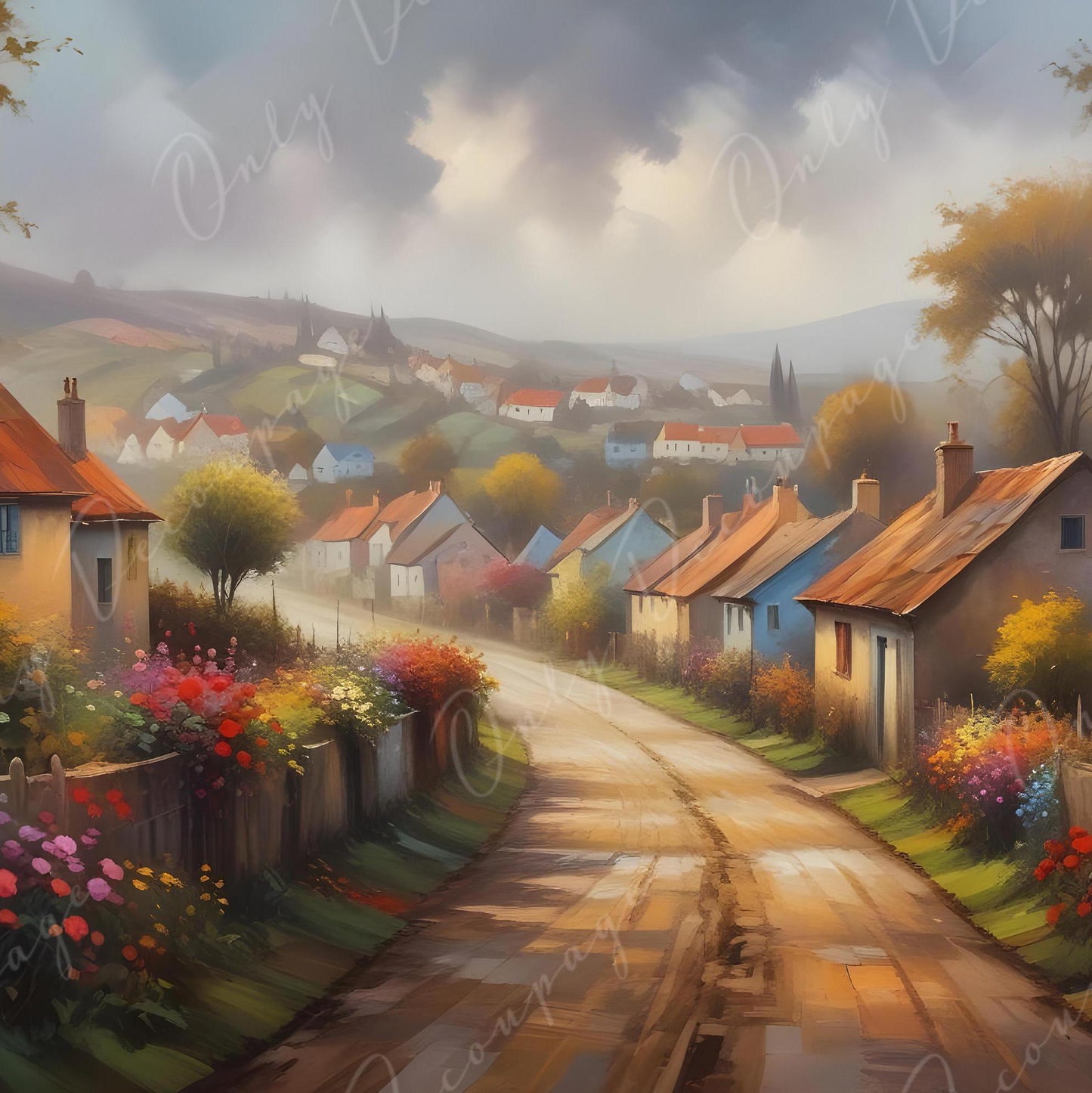 Decoupage Paper - 6 Size - European Village Street with Colorful Flowers - Rice Paper