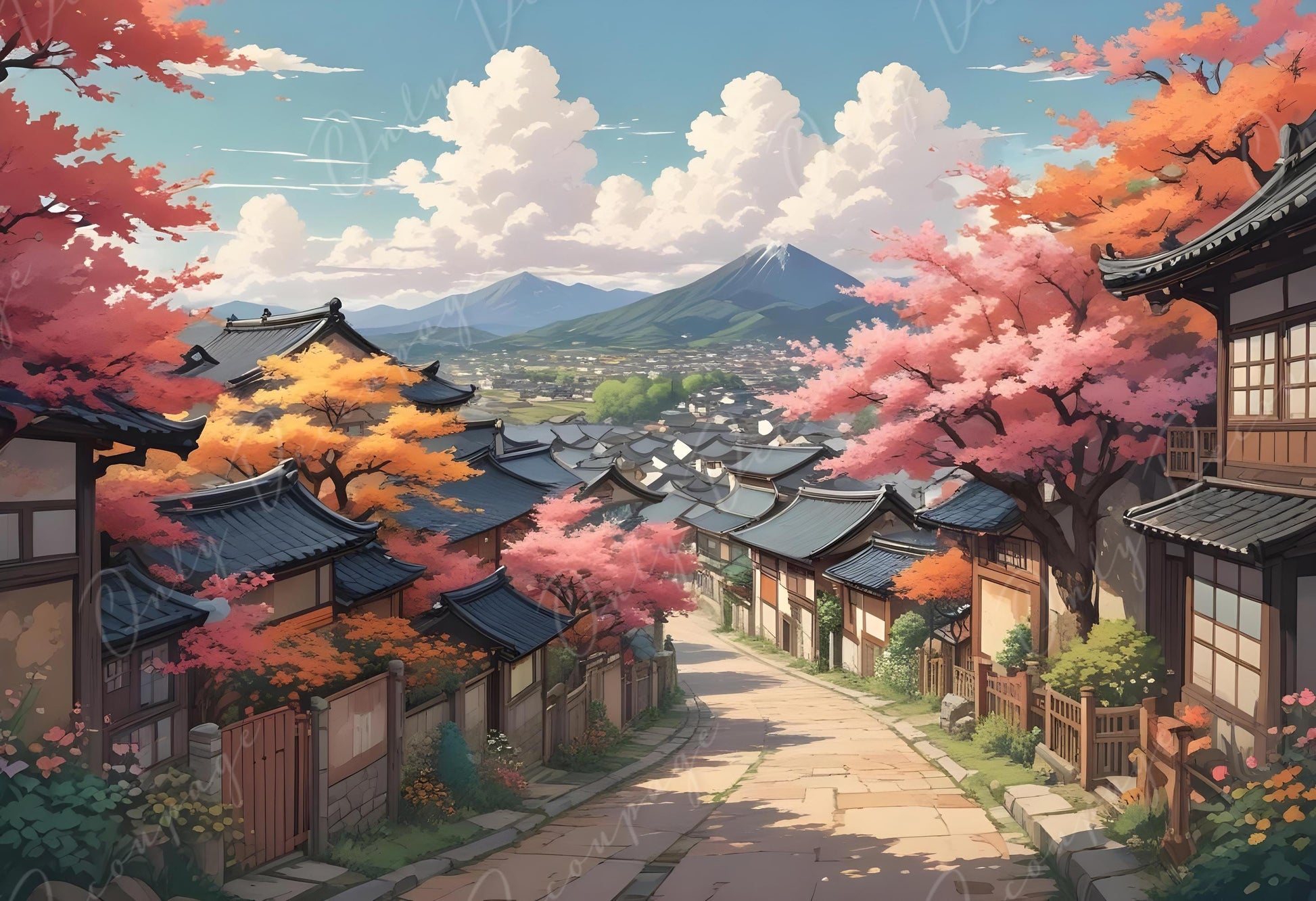 Decoupage Paper - 6 Size - Japanese Village with Pink Trees - Rice Paper