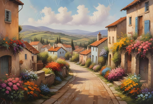 Decoupage Paper - 6 Size - European Village Street with Yellow Flowers - Rice Paper
