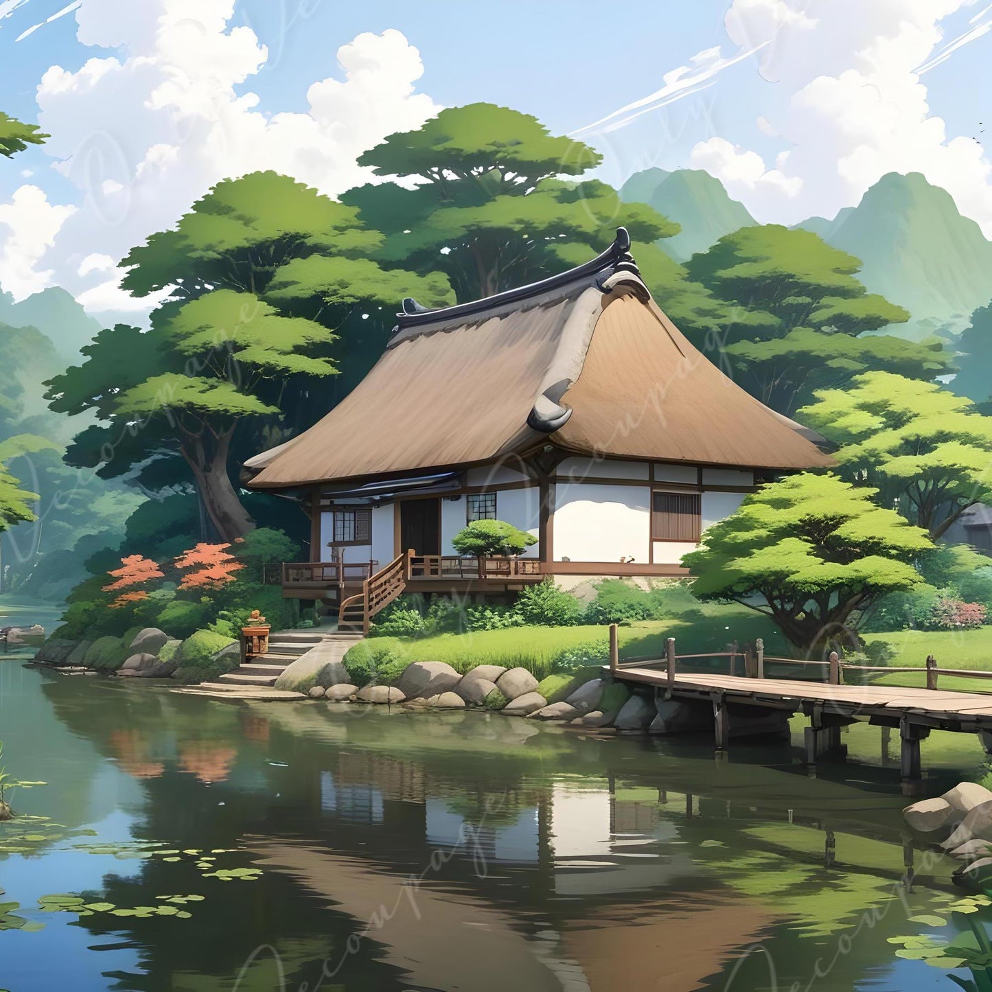 Decoupage Paper - 6 Size - Traditional Japanese Lake House - Rice Paper