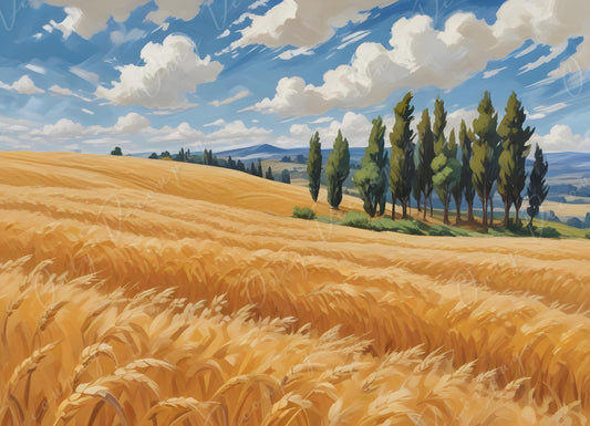 Large Decoupage Paper - 6 Size - Golden Wheat Field with Cloudy Blue Sky - Rice Paper