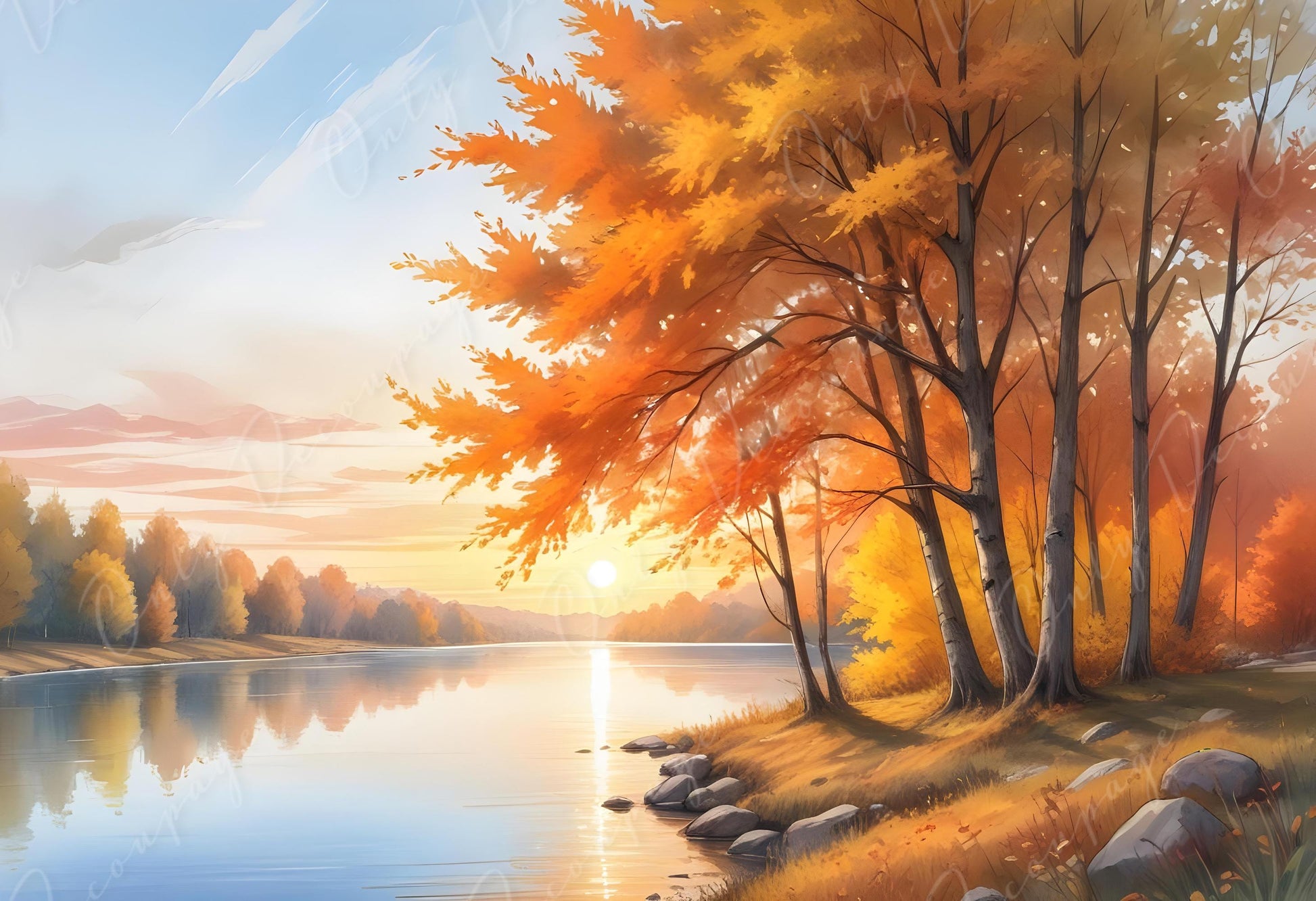 Large Decoupage Paper - 6 Size - Nature in the Fall - Rice Paper - Blue Lake