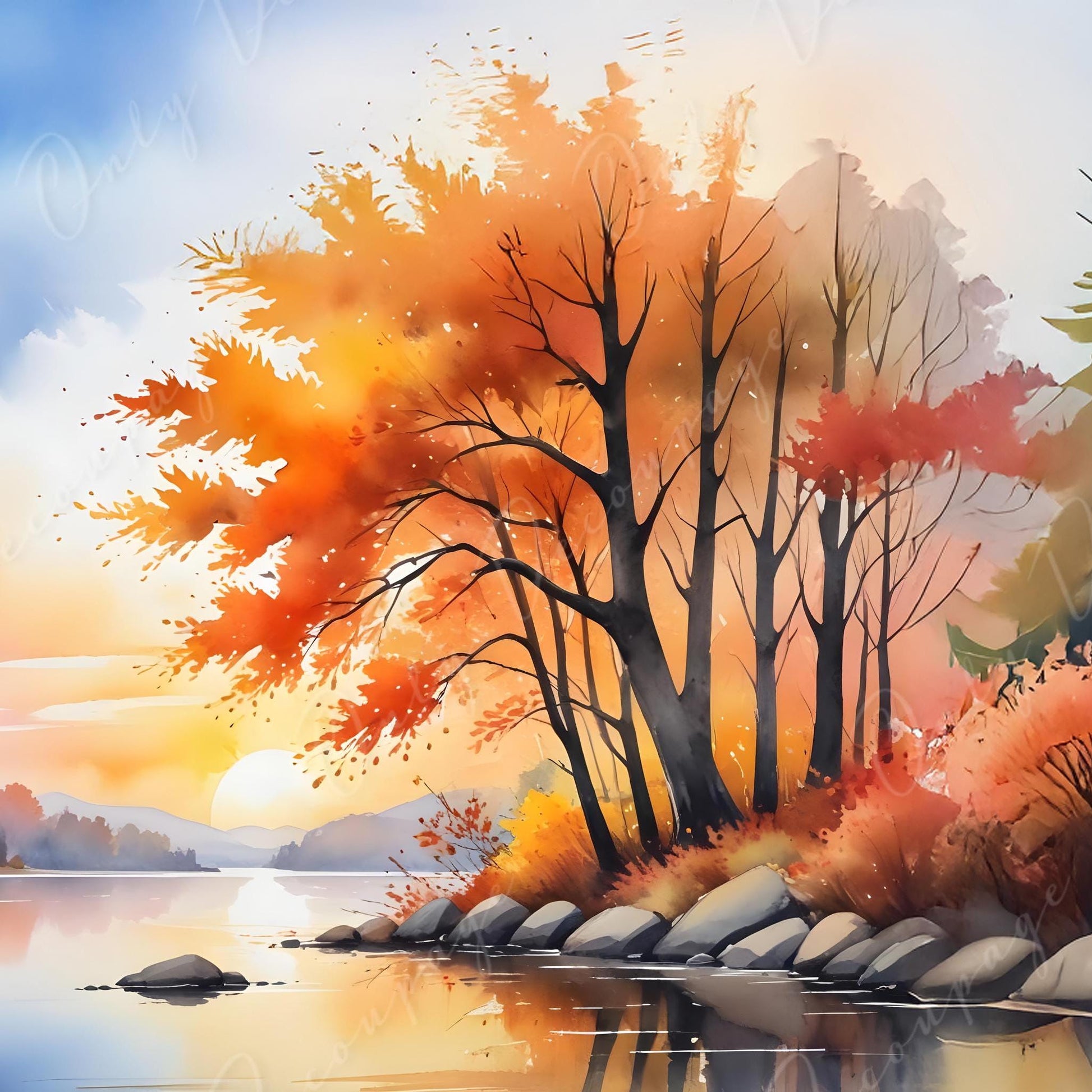 Large Decoupage Paper - 6 Size - Nature in the Fall - Rice Paper - Watercolor Autumn Scene