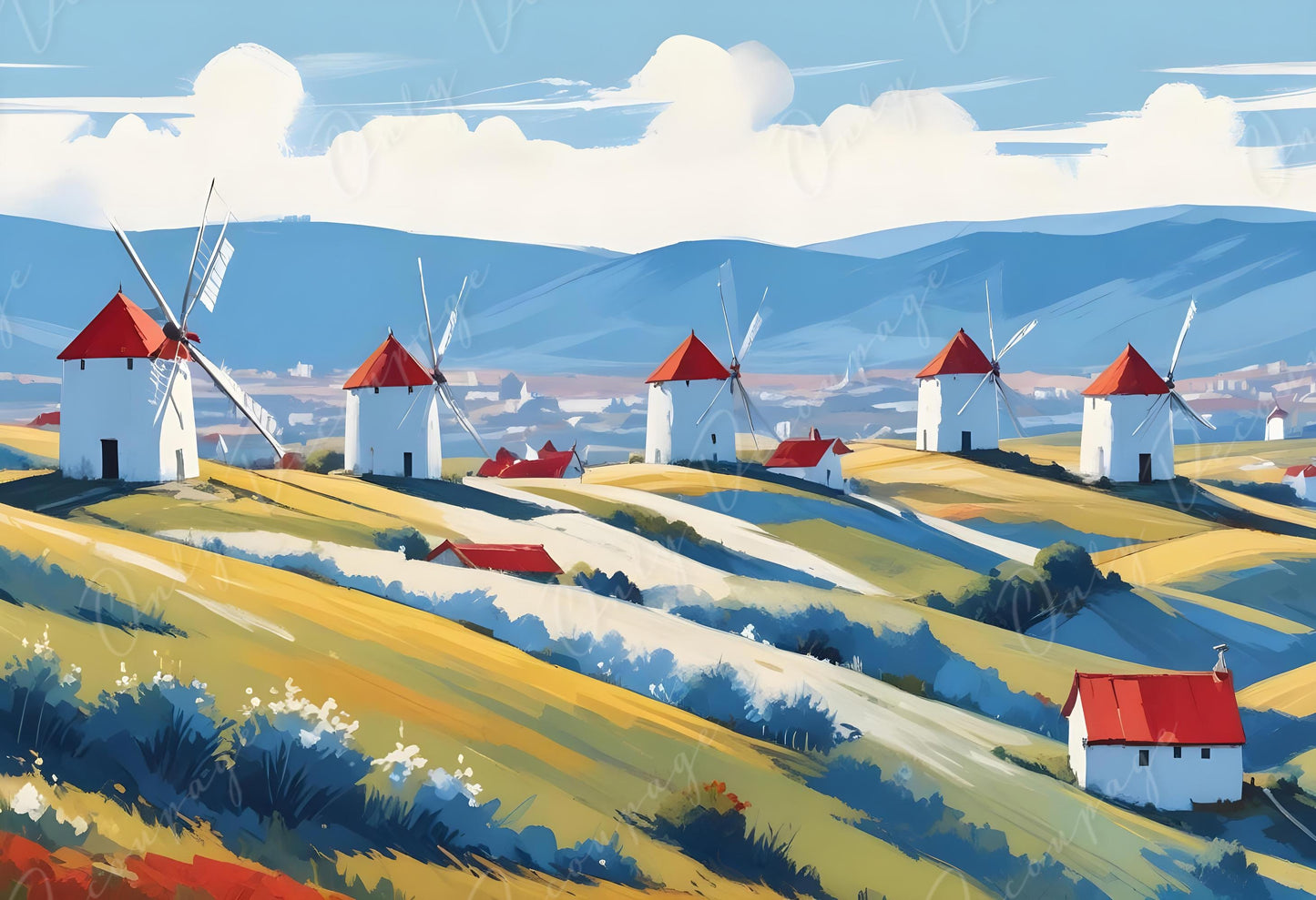 Large Decoupage Paper - 6 Size - White Windmills - Rice Paper - Agricultural Fields