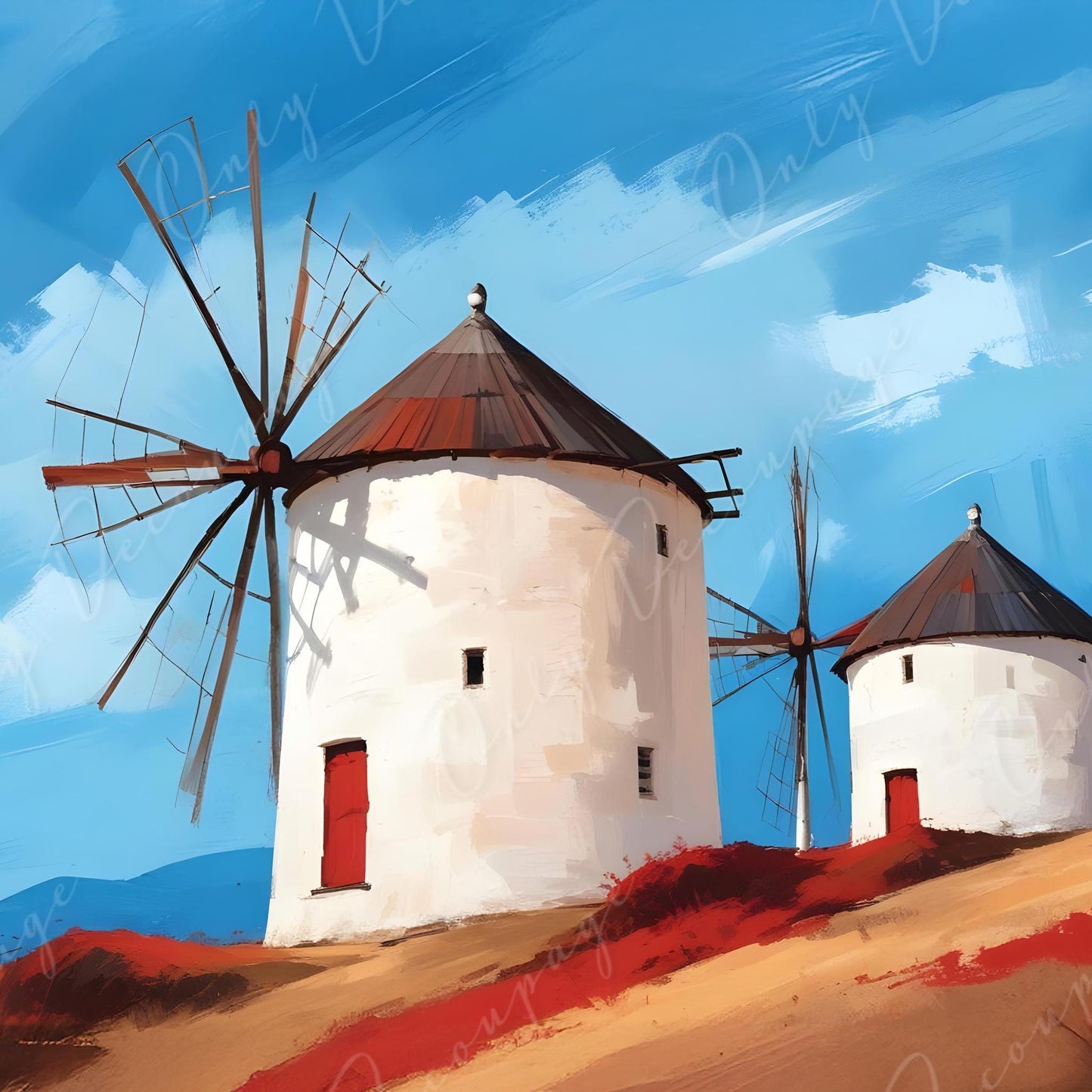 Large Decoupage Paper - 6 Size - White Windmills - Rice Paper - Blue Sky