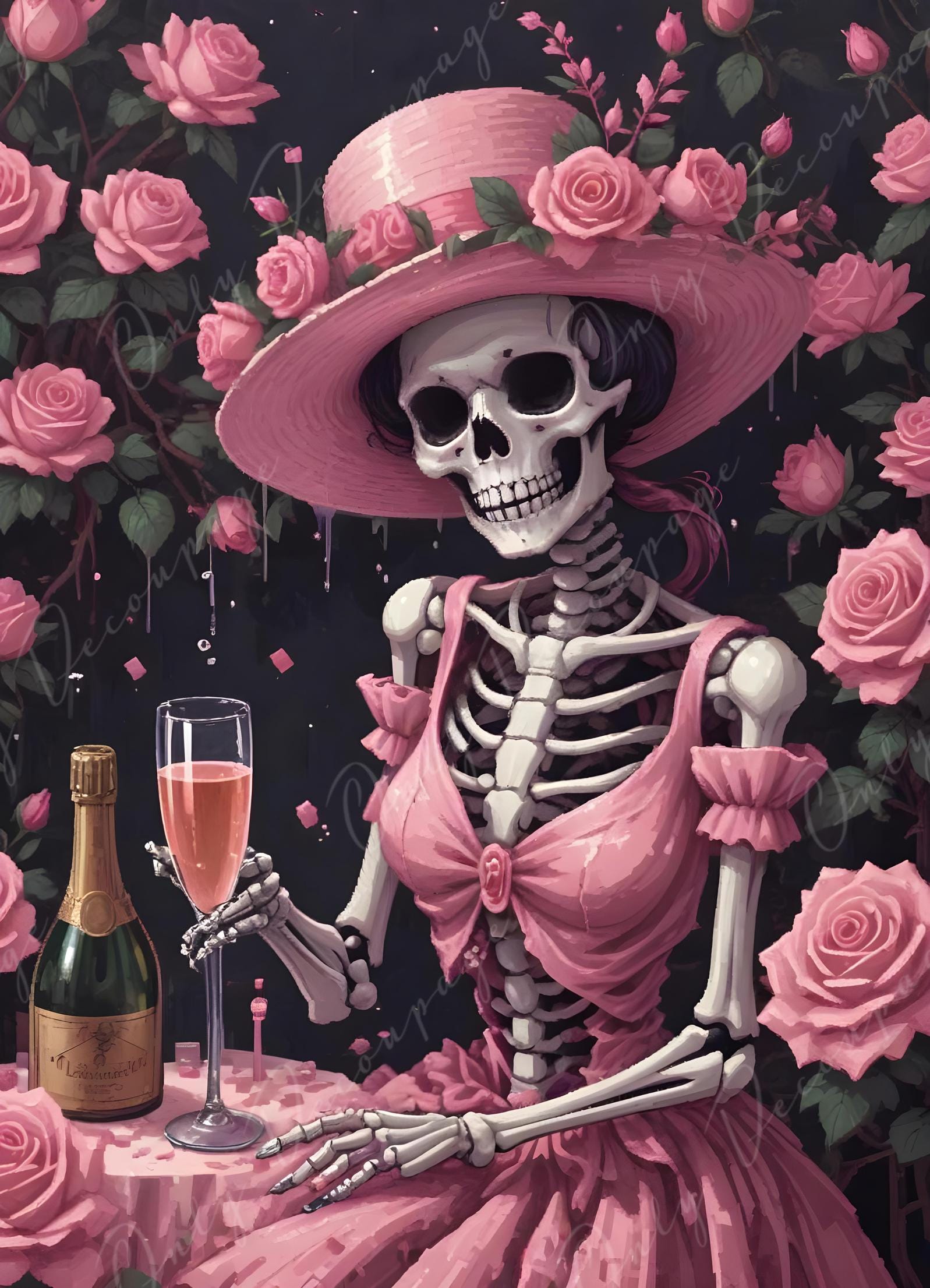Large Decoupage Paper for Furniture - 6 Size Options - Halloween Collection - Pink Dress Skeleton
