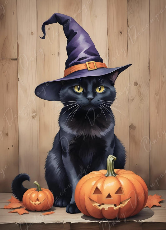 Large Decoupage Paper for Furniture - 6 Size Options - Halloween Collection - Witch Cat