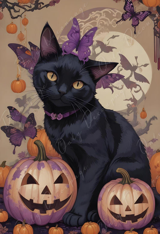 Large Decoupage Paper for Furniture - 6 Size Options - Halloween Collection - Witch Black Cat