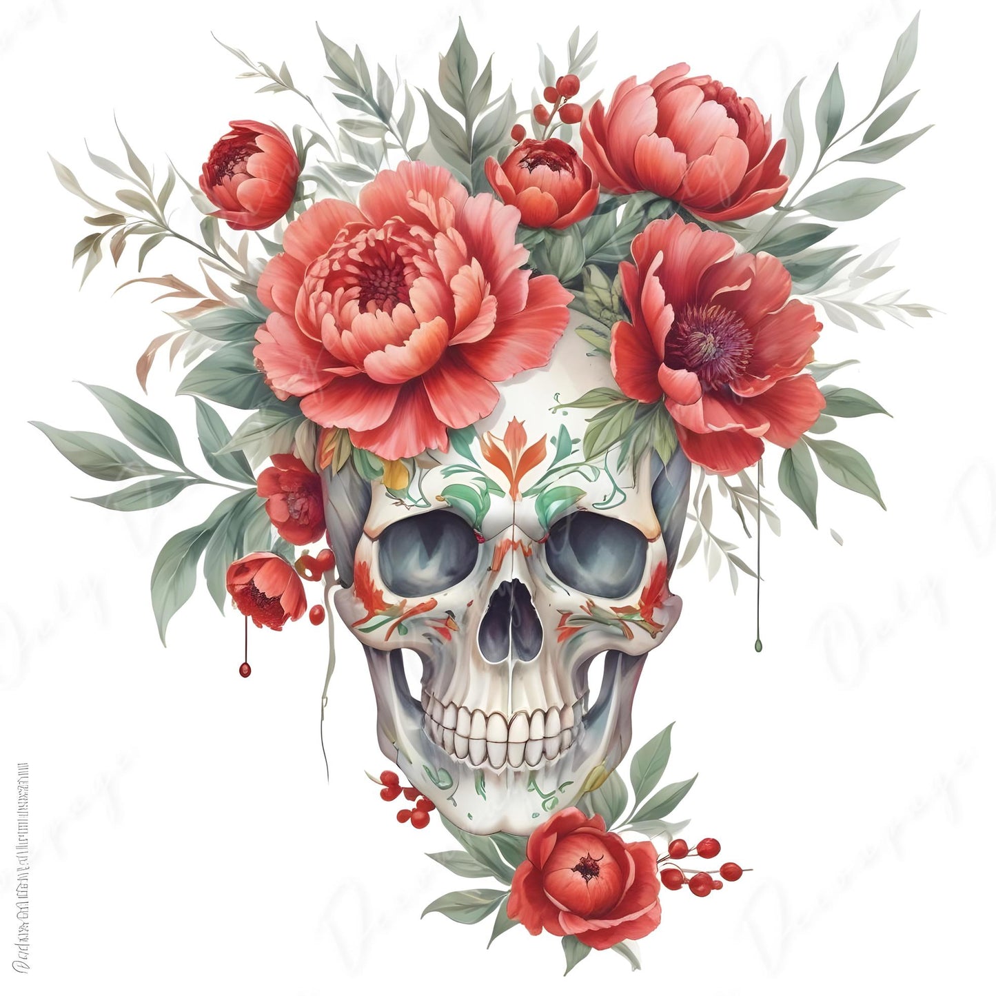 Decoupage Paper - 6 Size Options - Halloween Collection - Red Floral Skull