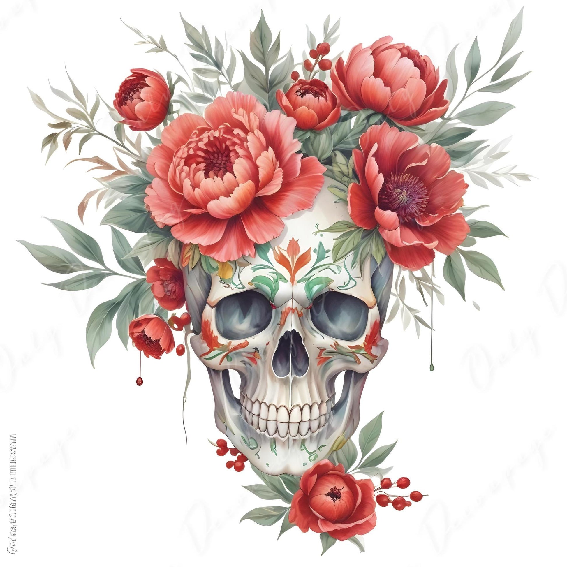Decoupage Paper - 6 Size Options - Halloween Collection - Red Floral Skull