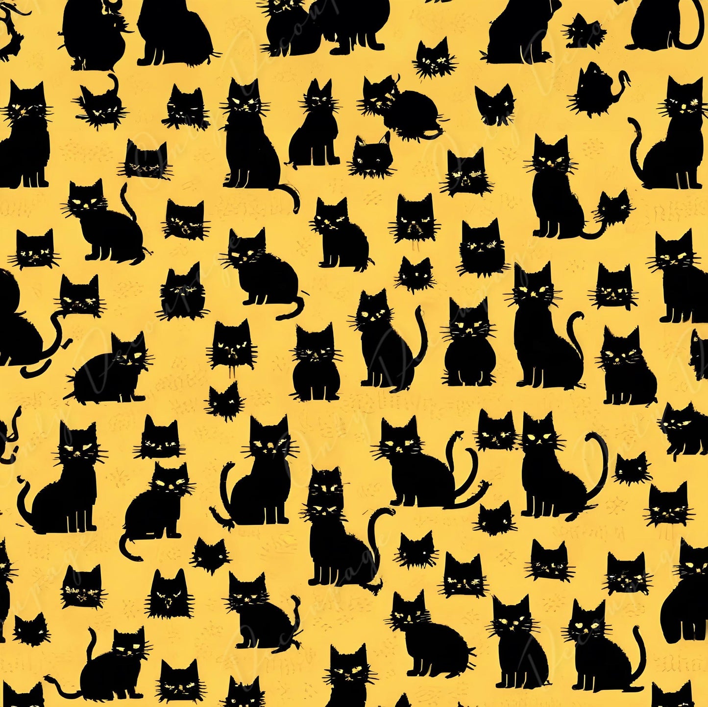 Decoupage Paper - 6 Size Options - Halloween Collection - Black & Yellow Cat Pattern