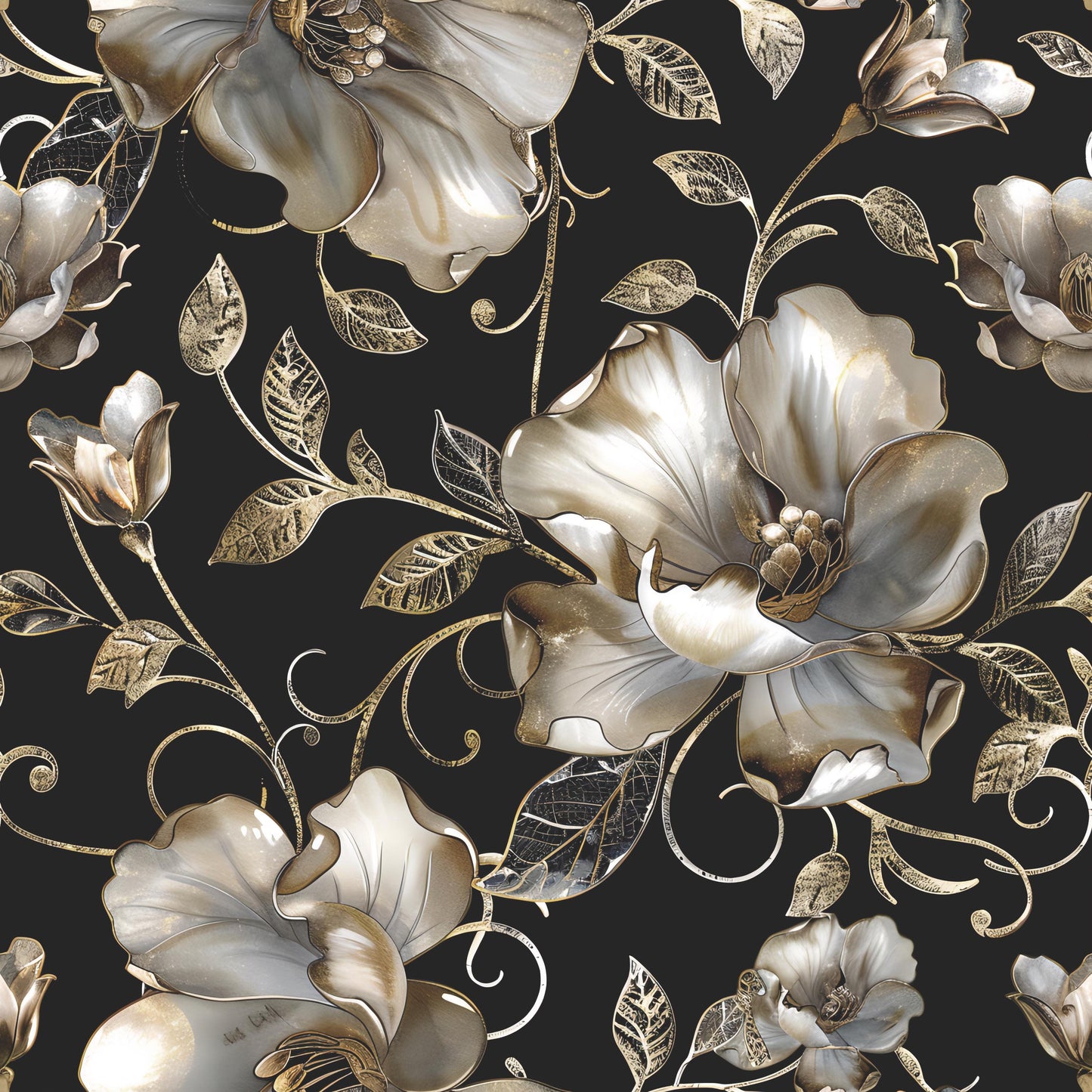Decoupage Paper - Repeating Pattern - Floral Decorative Paper - 6 Size Options - Black & Gold