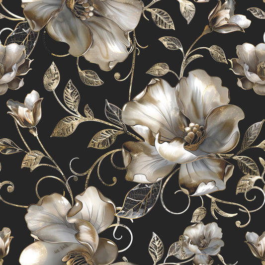 Decoupage Paper - Repeating Pattern - Floral Decorative Paper - 6 Size Options - Black & Gold